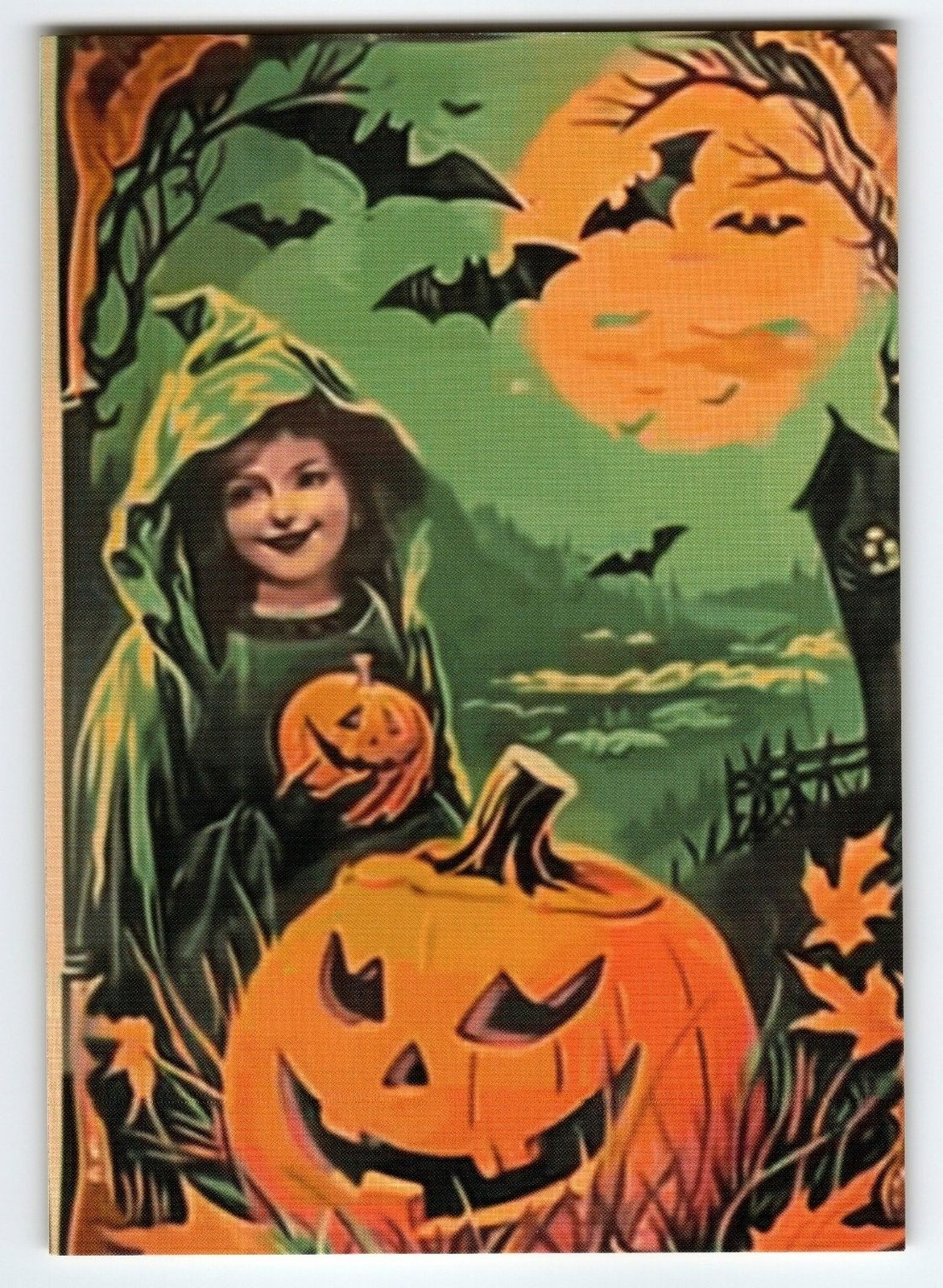 Vintage Halloween Photochrome Postcard Girl with Jack-o\'-Lanterns