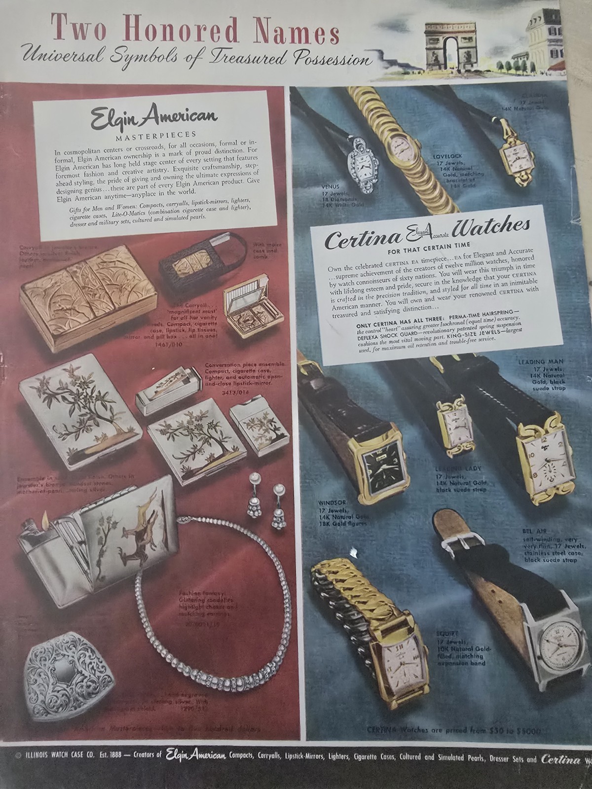 1952 Elgin American compacts jewelry Certina men's ladies watches Ad