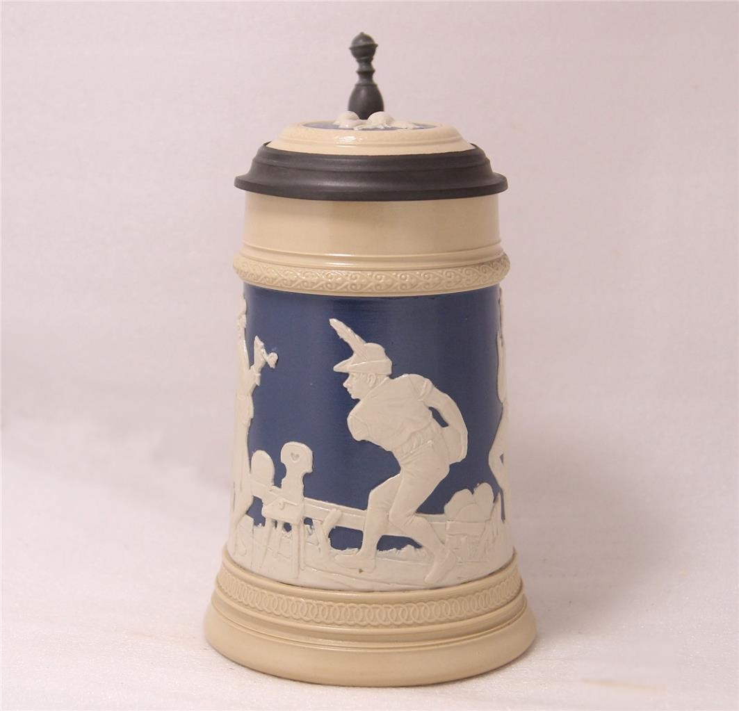 Antique Mettlach V&B Beer Stein #2182 Relief Bowling/Kegel Scenes c.1899