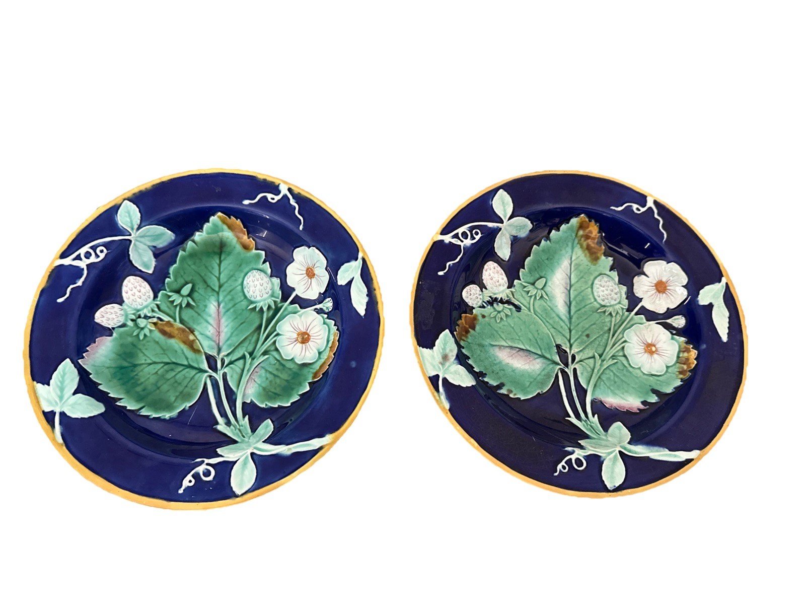 Wedgwood Majolica Dish with Strawberries on a Cobalt Ground 7 3/4”