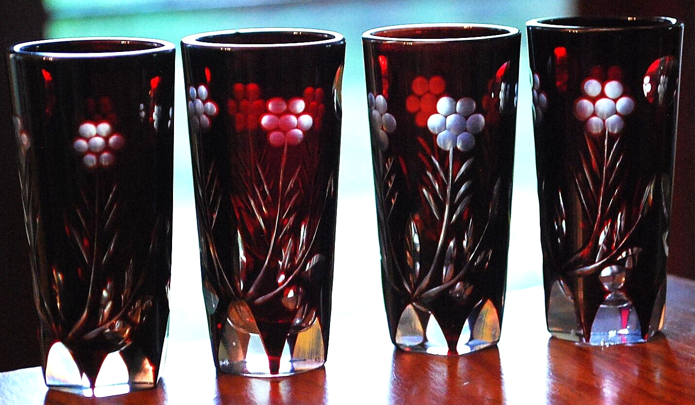 Vtg Set 4 RUBY RED CUT TO CLEAR Tall Shot Glasses FLOWERS & DOTS 2.75