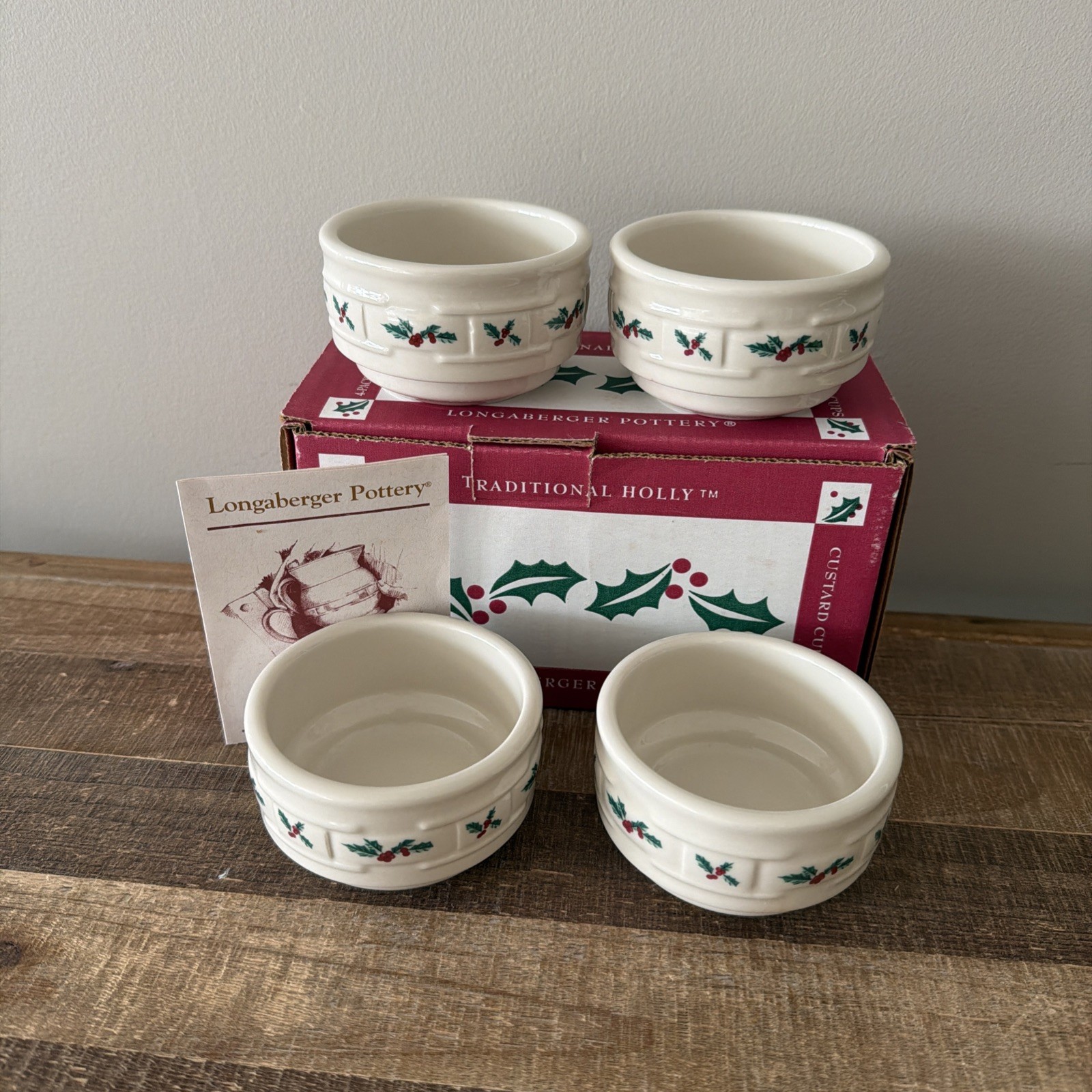 Set of 4 Longaberger WT Pottery Traditional Holly Custard Cups/Ramekins~USA~NEW