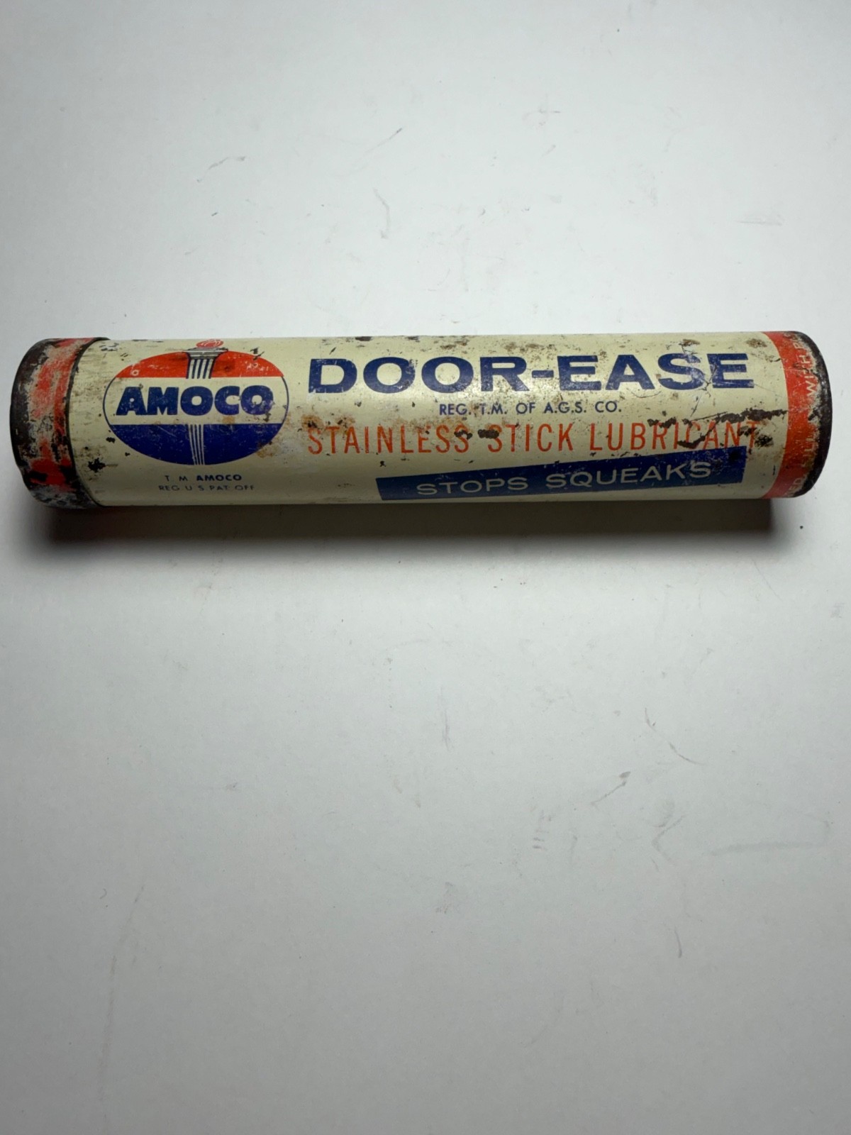 Vintage Amoco Door-Ease Stainless Stick lubricant container American Oil Co.