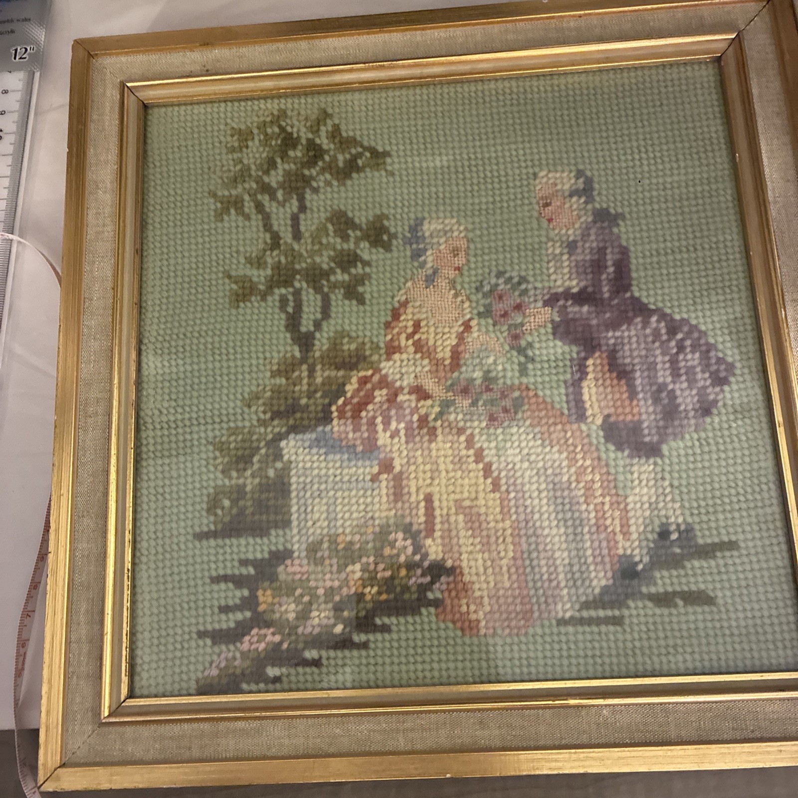 Vintage Colonial Courting Couple Needlepoint Tapestry Frame Cottagecore Wall Art
