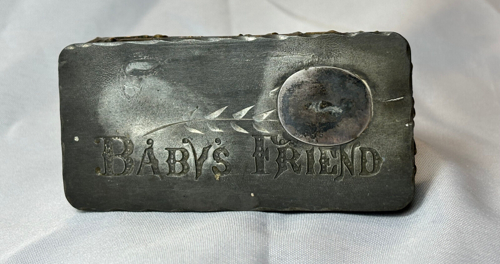 Antique Baby\'s Friend Safety Pin Trinket Box Keepsake Etched & Embossed Metal Antique Baby\'s Friend Safety Pin Trinket Box Keepsake Etched & Embossed Metal