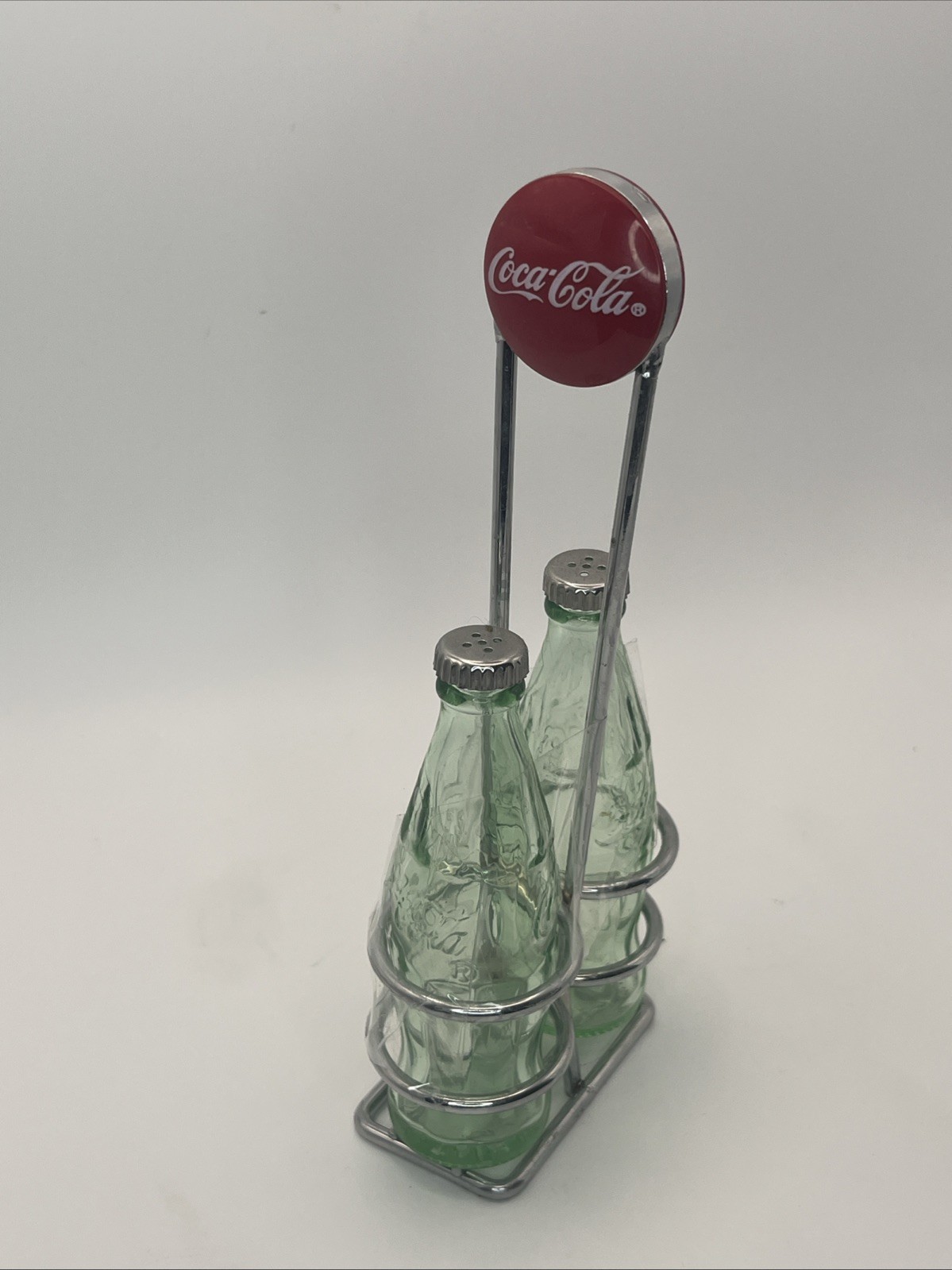 Coca-Cola Salt & Pepper Glass Bottle shaker w/Metal Carrier Caddy w/ Red Logo