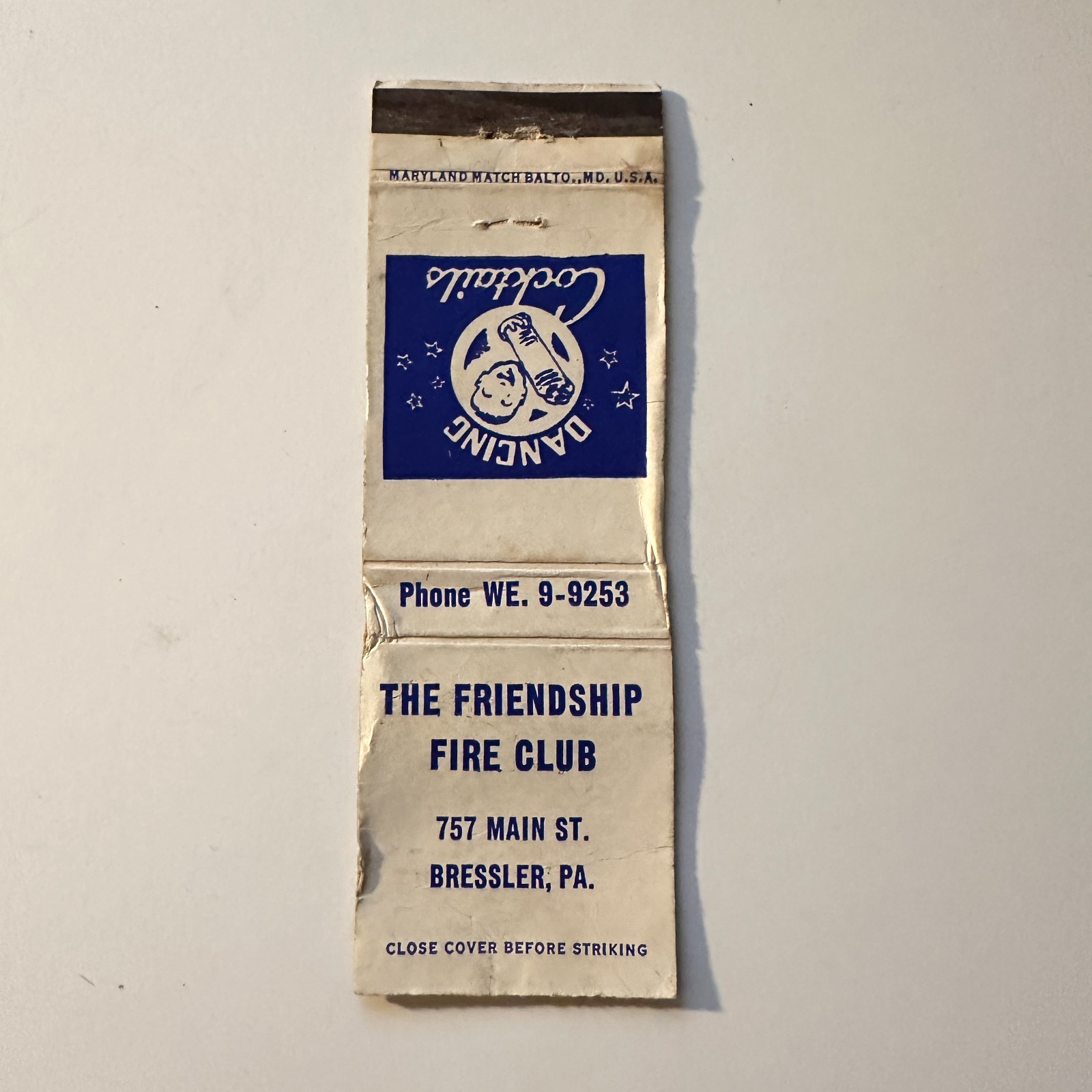 The Friendship Fire Club Main St Bressler PA Vintage Matchbook Cover 5MB130-4