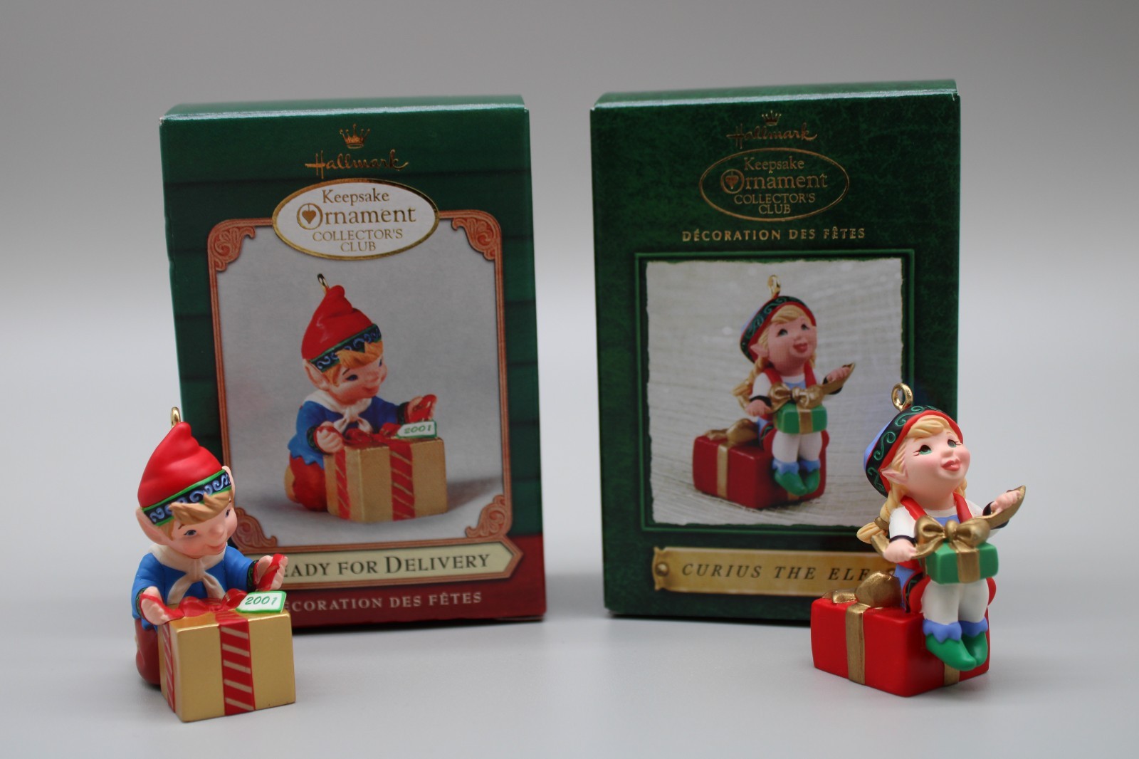 (2) Hallmark KEEPSAKE ORNAMENTS -Ready For Delivery and Curius the Elf - New
