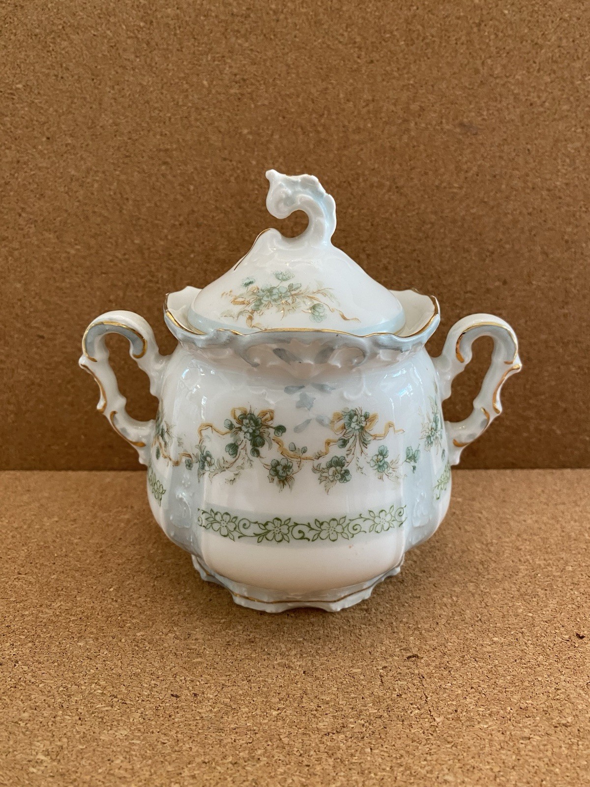 Antique Hermann Ohme Porcelain Sugar Bowl Silesia Green Flowers Tan Ribbon