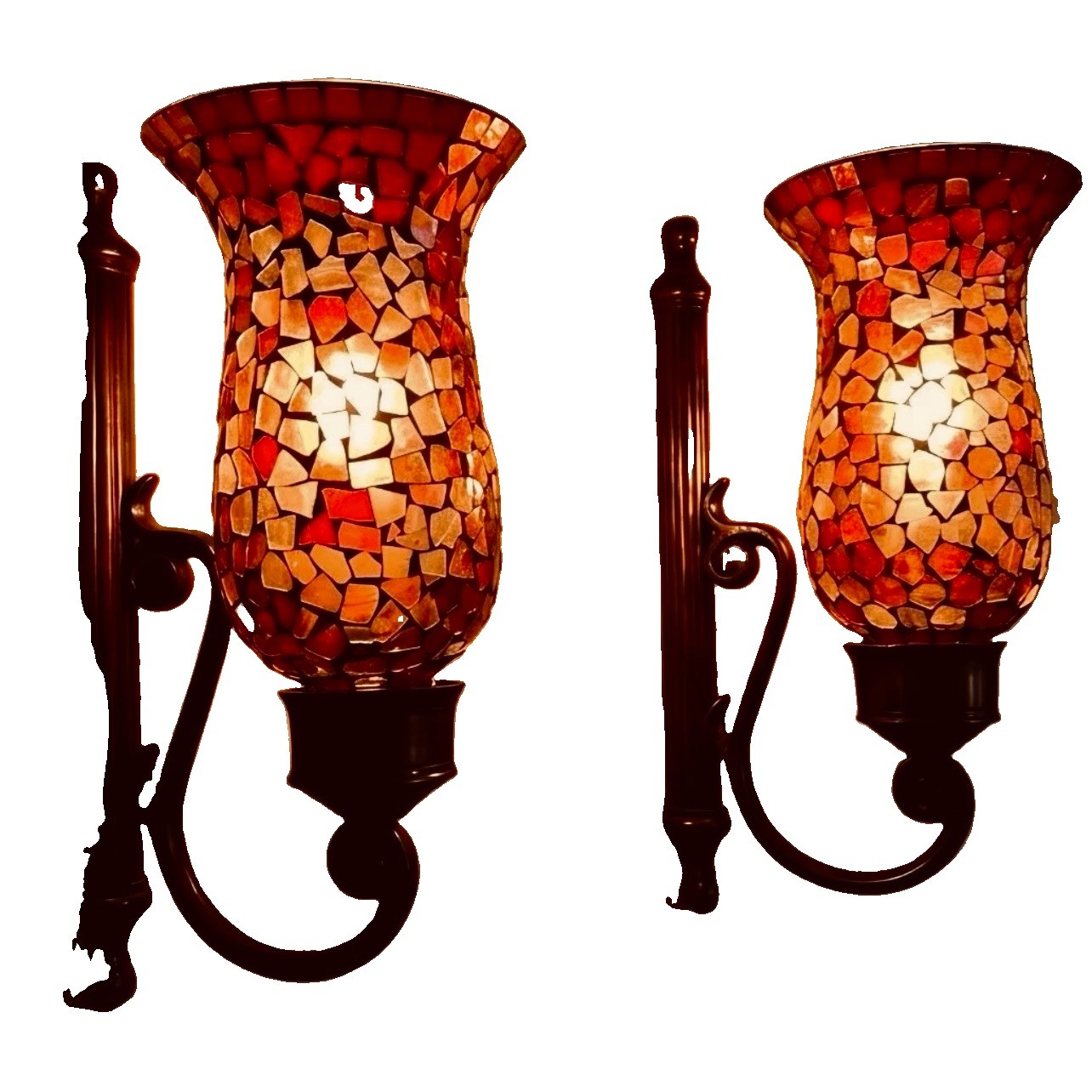 Vintage Pair Bombay Mosaic Glass Wall Sconce Hurricane BronzeCandle Holder 12\