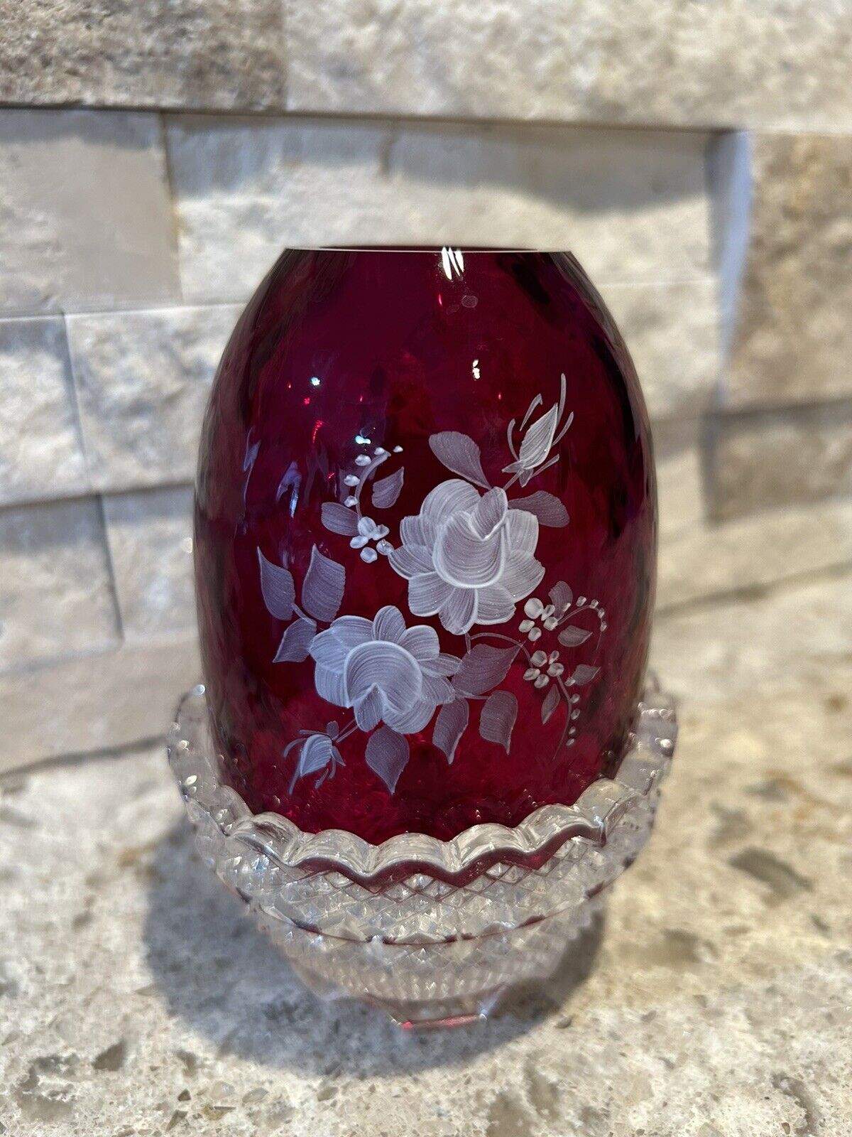 Fenton Fairy Lamp Ruby Red White Roses Crystal Base Votive Candle Holder 4.5”
