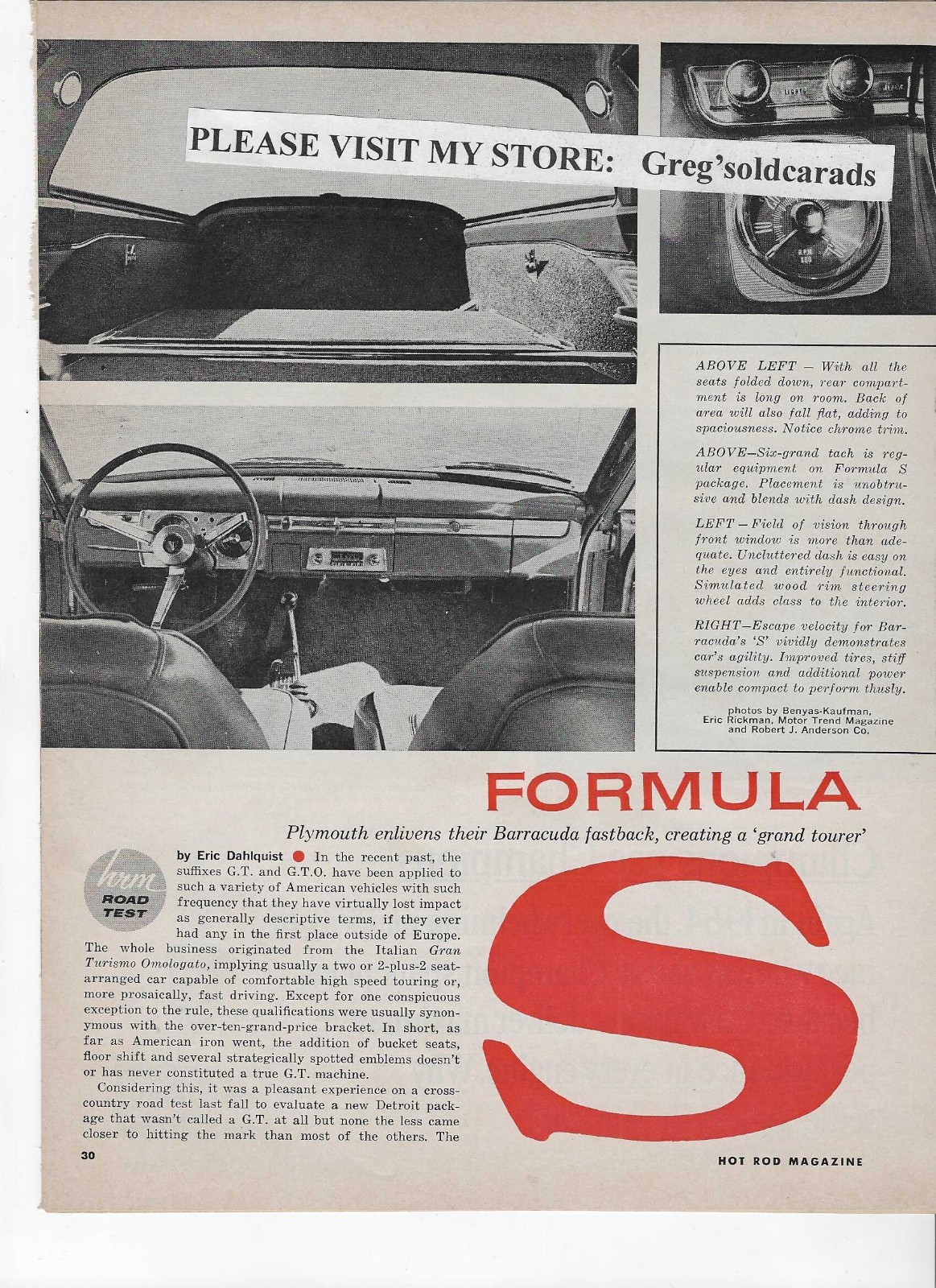 1965 Plymouth Barracuda Formula S six page Road Test, in print ad category