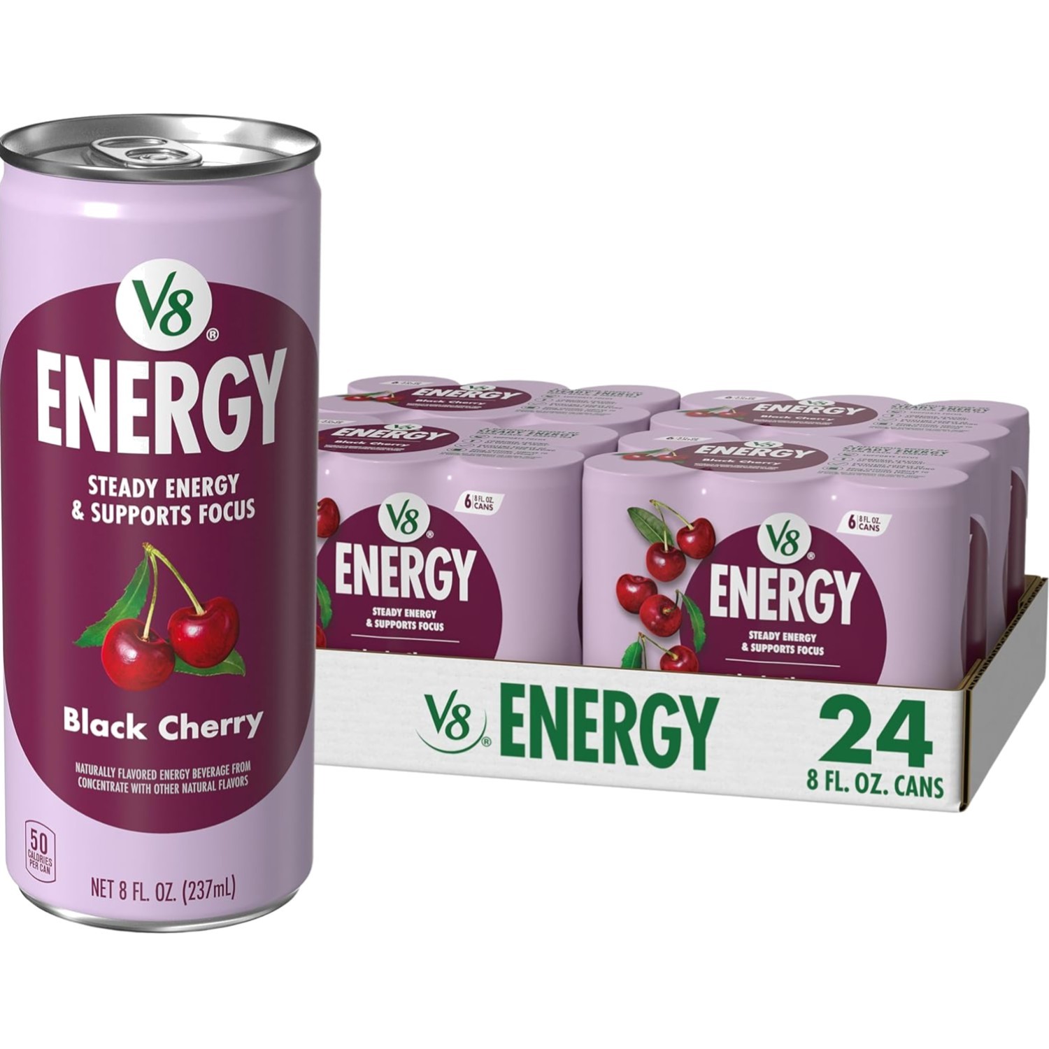 Energy Black Cherry Drink - 24 Pack of 8 Fl Oz Cans, Gluten-Free and Vibrant