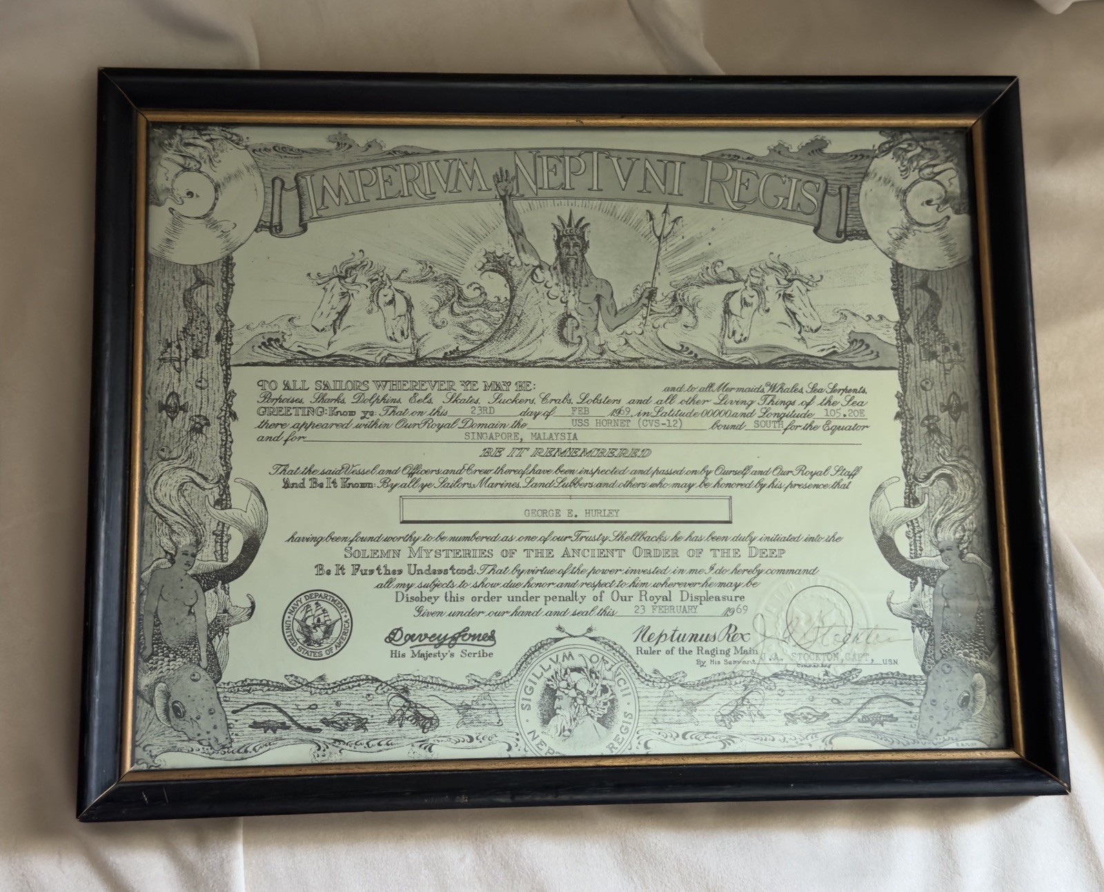 1969 USS Hornet CVS-12 Original Shellback Certificate LT George Hurley Framed