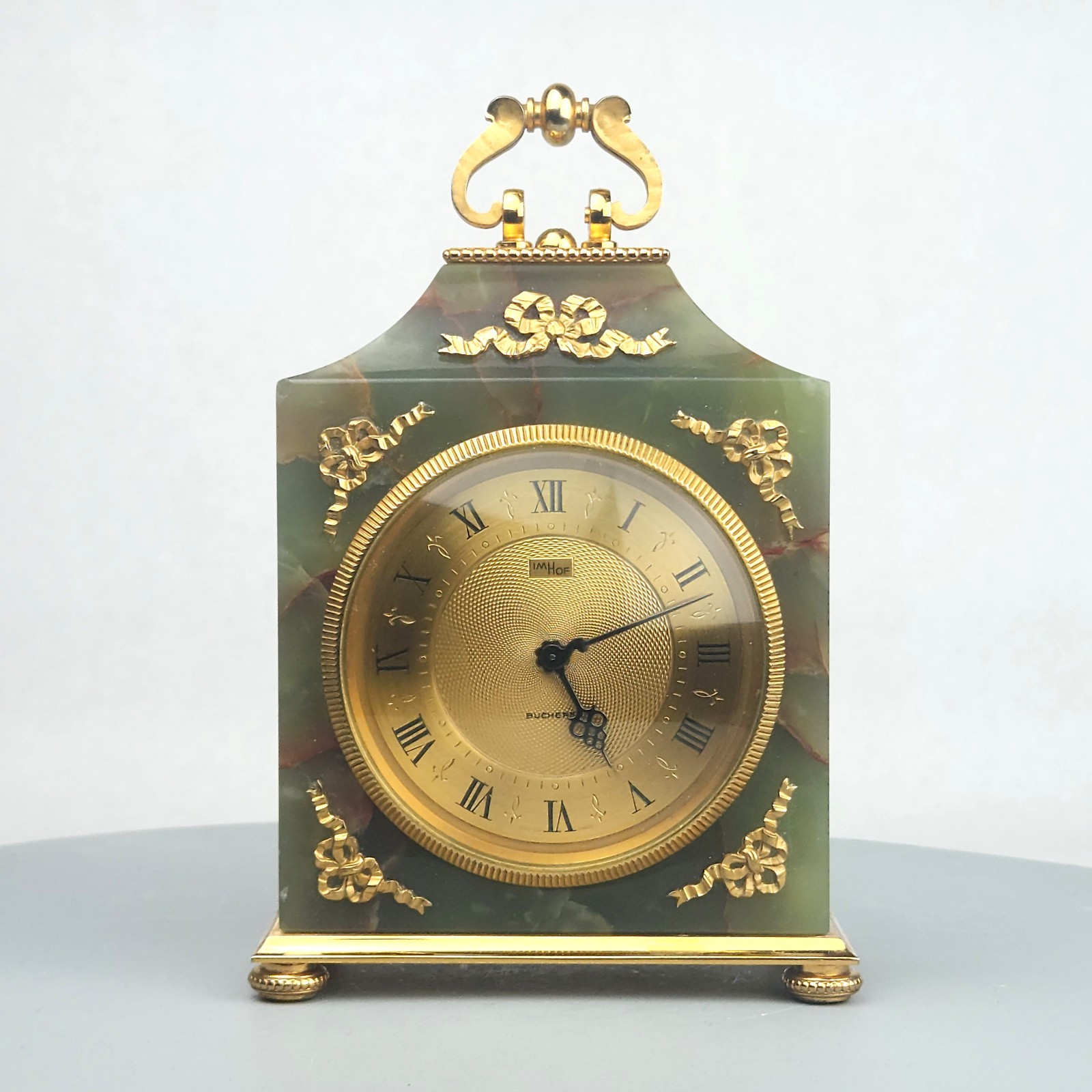 Vintage Imhof Bucherer 82-803 cal 244 Green Onyx 8-Day Mantel Clock Swiss 15J Vintage Imhof Bucherer 82-803 cal 244 Green Onyx 8-Day Mantel Clock Swiss 15J
