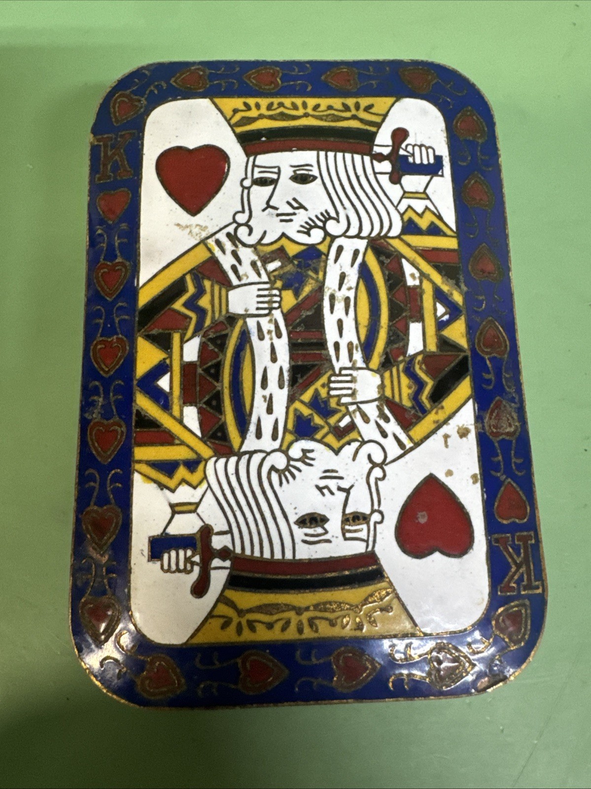 Vint. 1960's King of Hearts Cloisonné Brass Enameled Cards Trinket Box Hong Kong