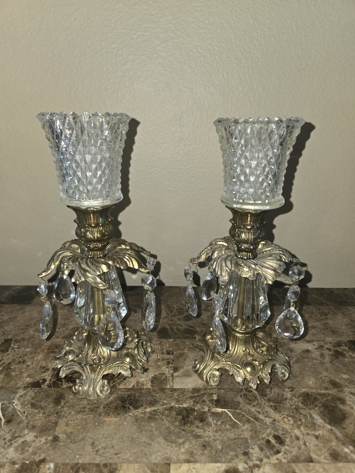 VTG 1973 L&L WMC Brass Crystal Candle Stick Holders Set of 2