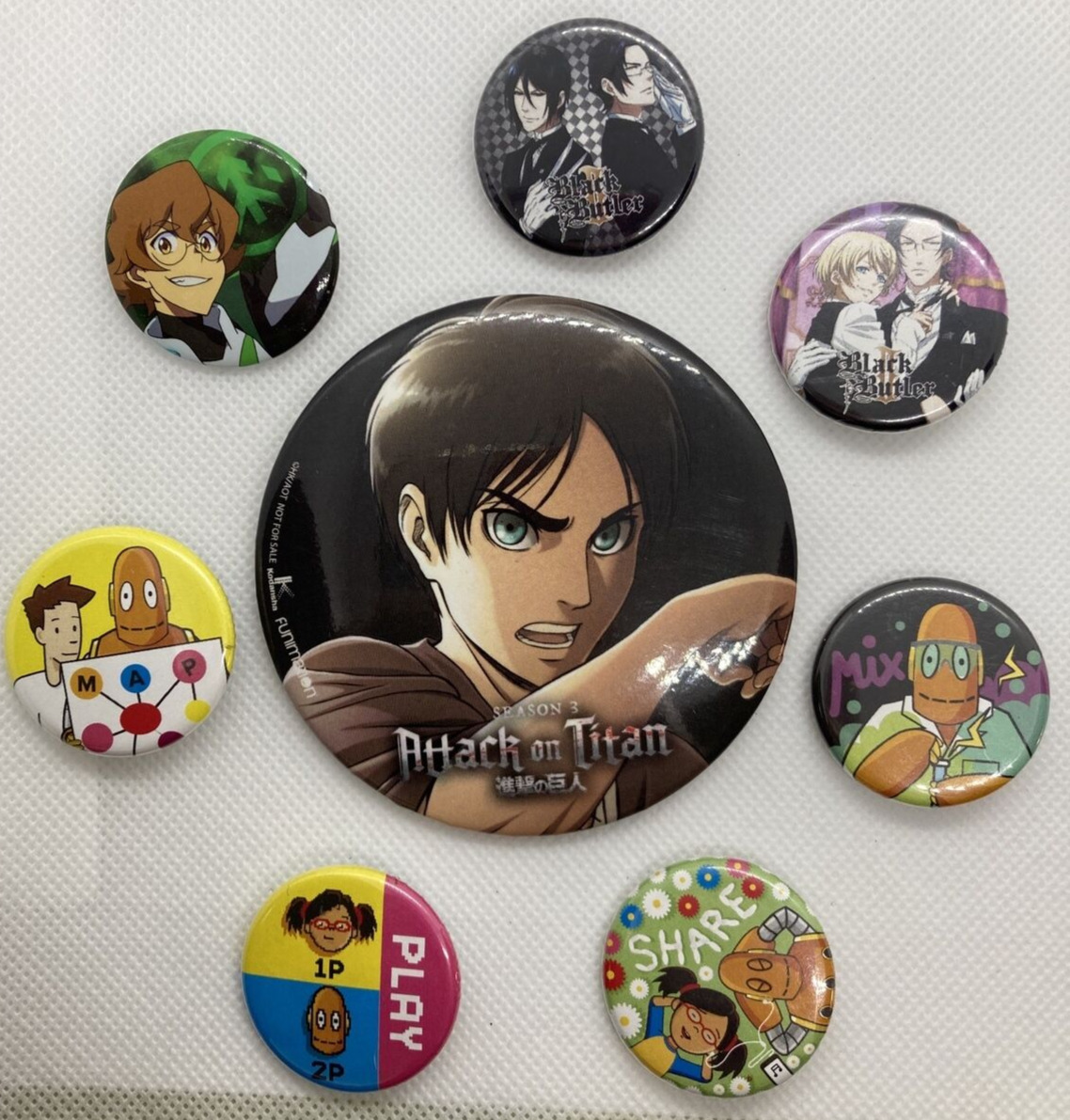 Lot of 8 Anime Video Game Buttons Pins Attack on Titan Black Butler