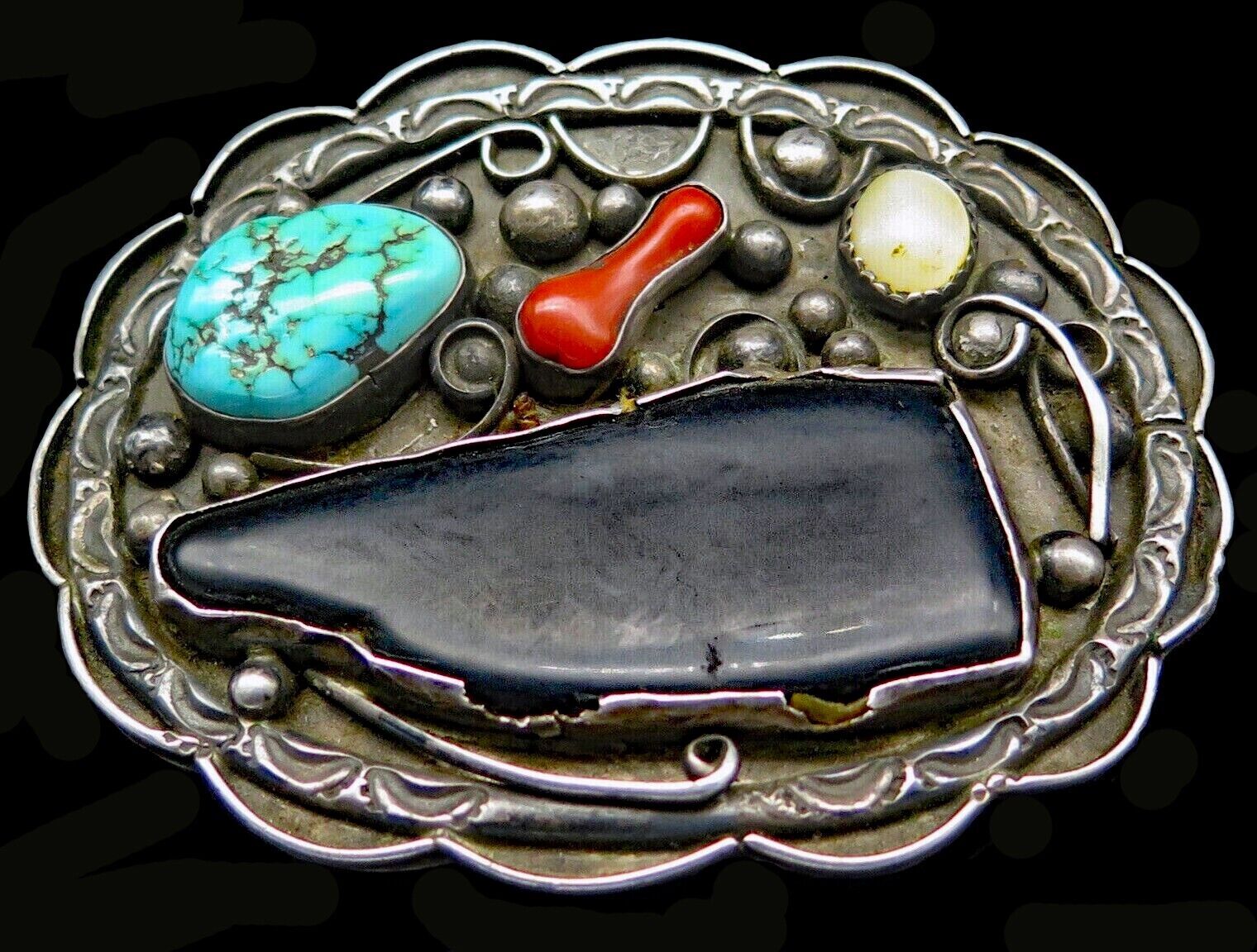 Southwest Turquoise Onyx Faux Claw Coral Mother Of Pearl Vintage Belt Buckle