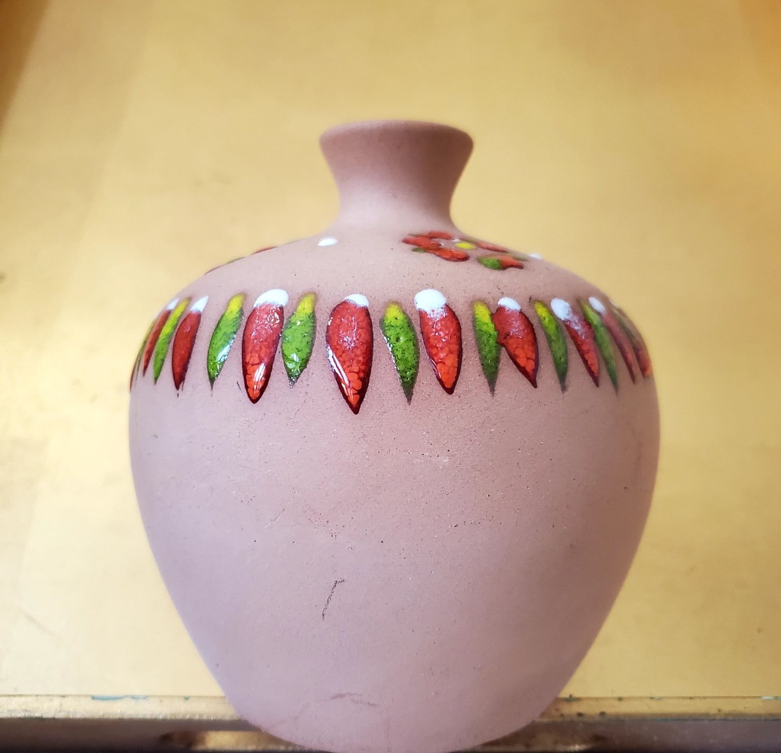 Vtg Hand Painted Terracotta Jar Enamel Floral Red Green Jalapeno Folk Art Pot