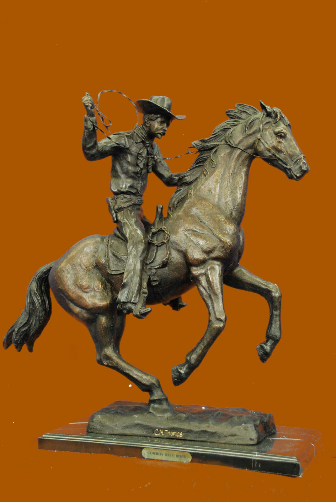 Handcrafted Detailed Classic Cowboy Riding Horse Bronze Sculpture Home Sale Art