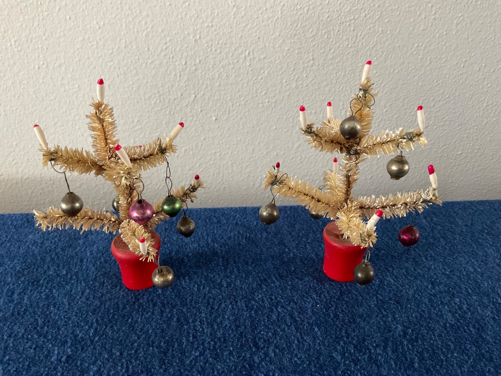 2 VTG Antique Miniature Christmas Trees, Mercury Glass Balls, Candles, Wood Base