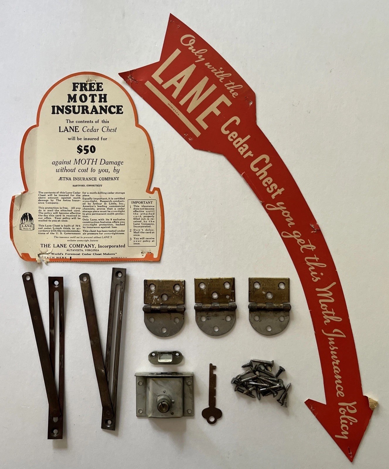 Vintage Lane Chest Lock, Key, hinges, hardware, etc.