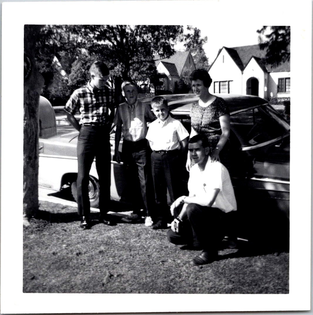 Family Posing by Vintage Car in Suburb, 1965 B&W Snapshot Photo