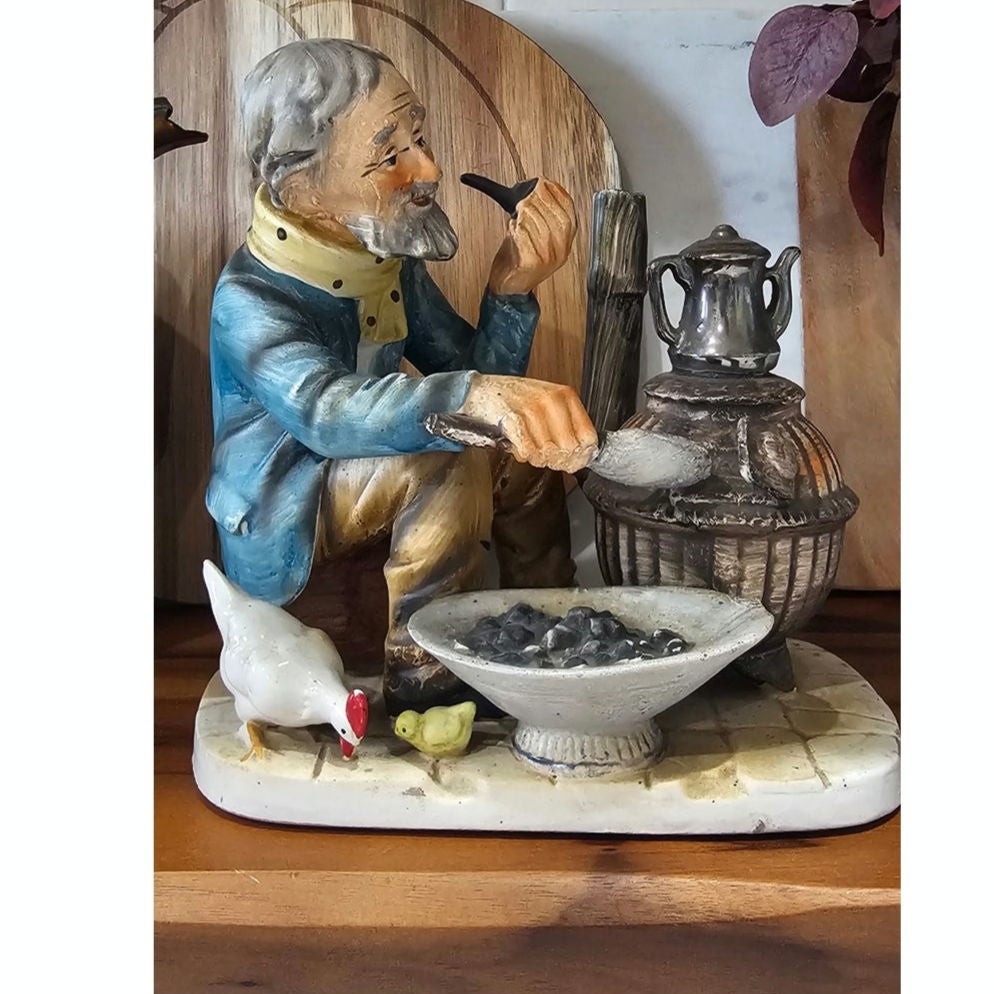 Vintage Norleans Japan Old Man Smoking Pipe Potbelly Stove Chicken Figurine