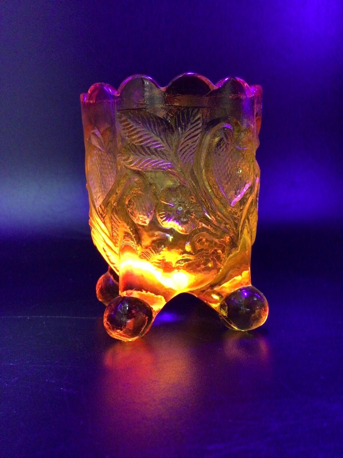 Amberina Glass Strawberry Pattern Toothpick Holder Cadmium Glows 2.5\