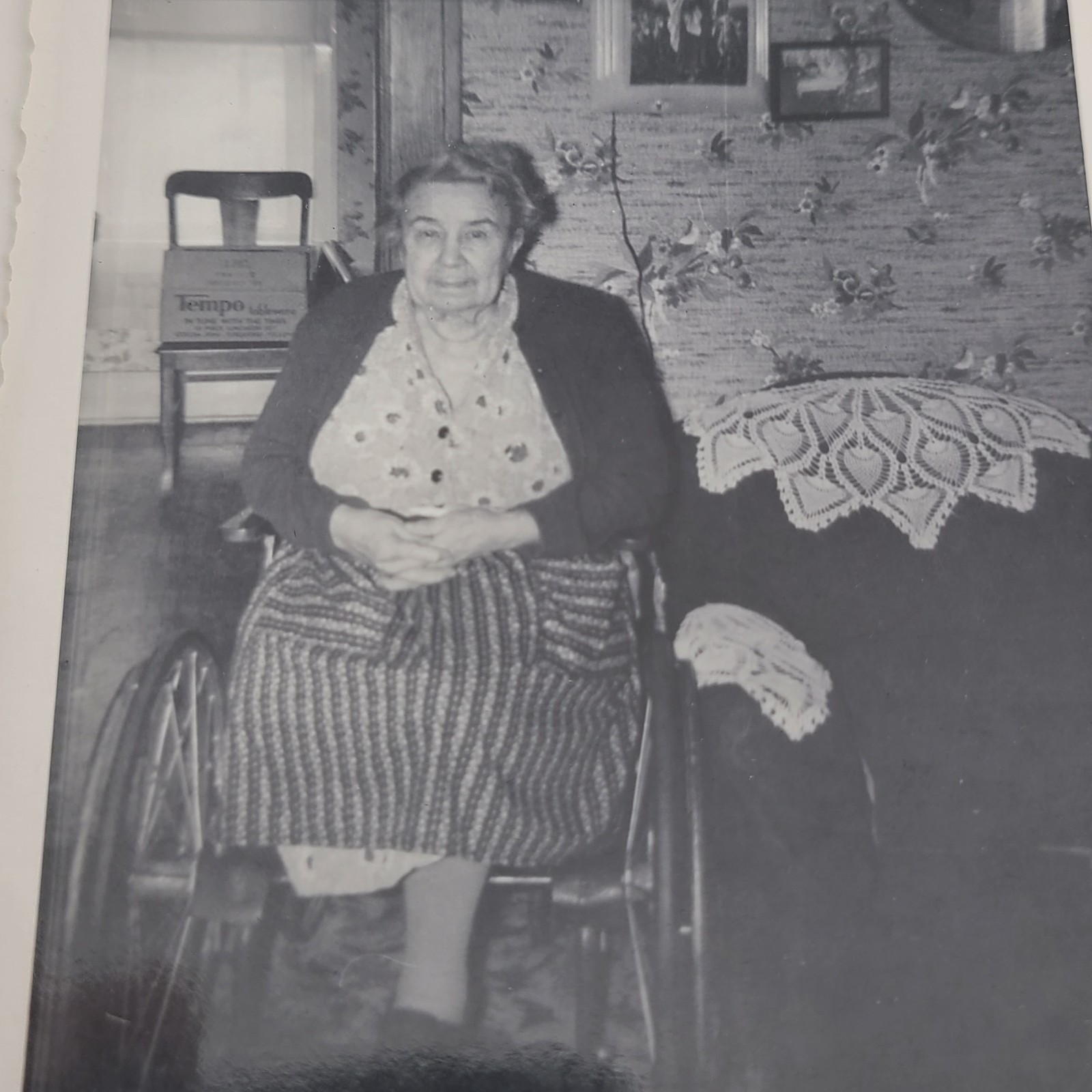 Elderly Woman Sitting in Wheelchair Inside Home Chair Lace 1960s Vintage Photo Elderly Woman Sitting in Wheelchair Inside Home Chair Lace 1960s Vintage Photo