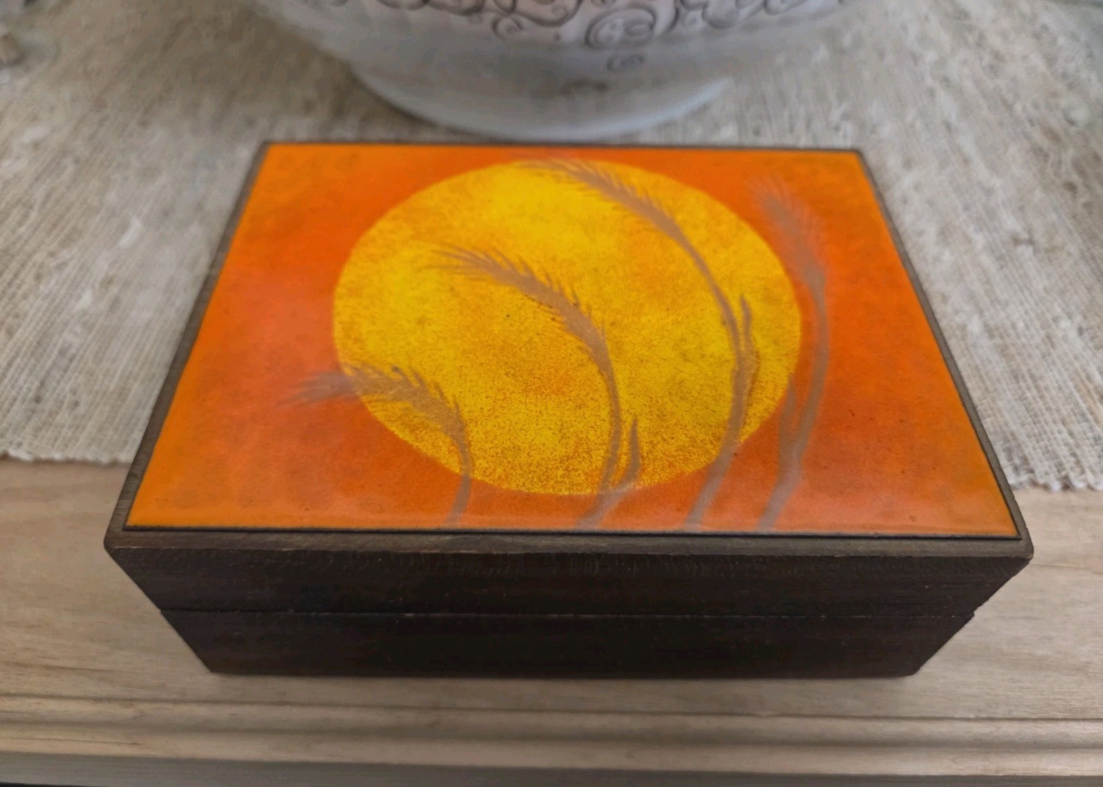 Vintage MCM VIVID Orange Yellow Sun Enamel On Copper Artwork WOOD Box Tall Grass