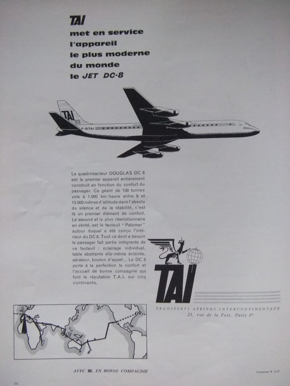 1960 TAI INTERCONTINENTAL AIR TRANSPORT JET DC-8 ADVERTISING - ADVERTISING