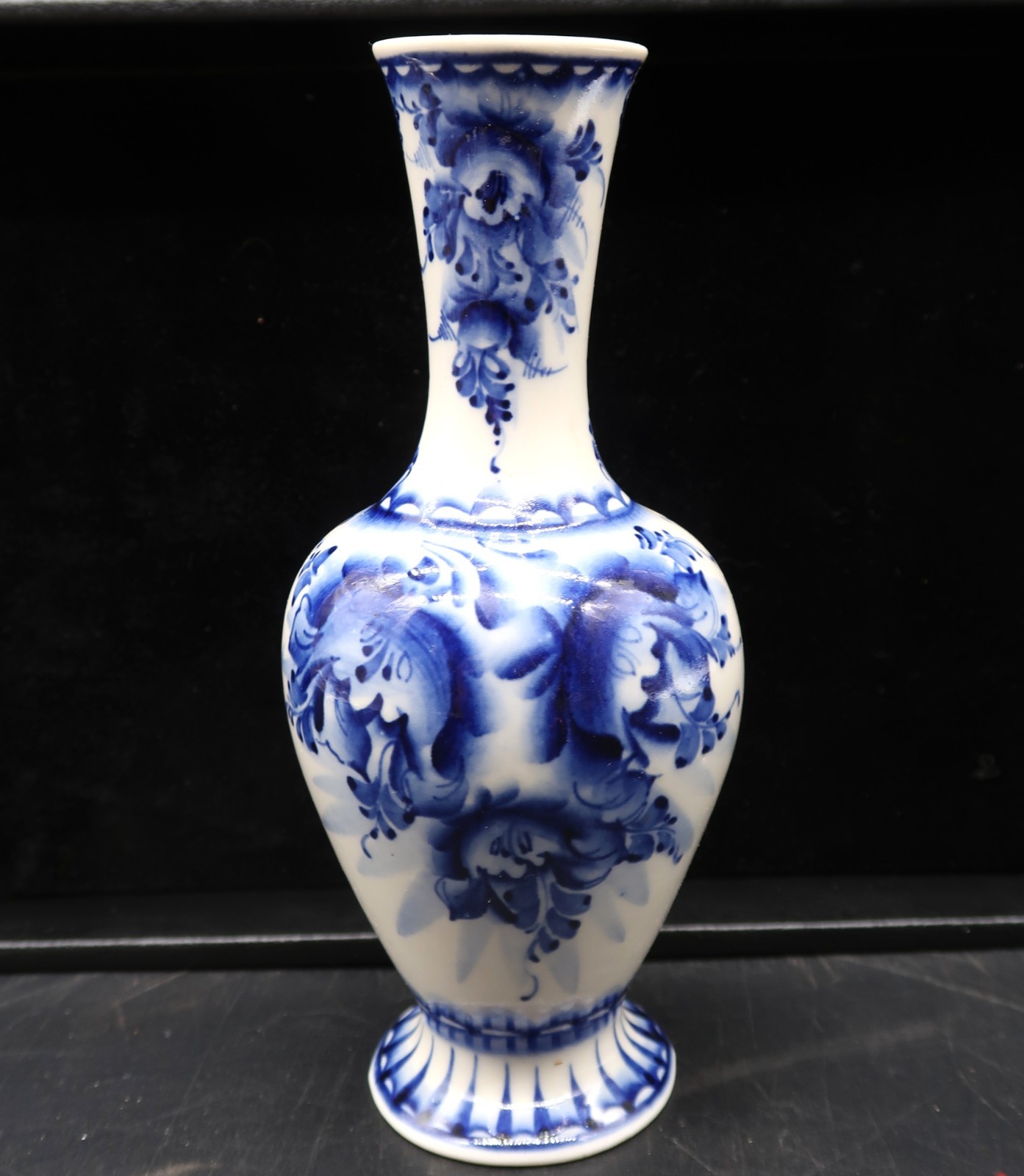 Vtg Gzhel Russian Porcelain Vase Hand Painted Signed Shabanova Cobalt Blue 7.5\