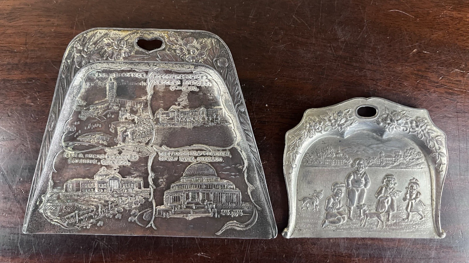 Antique 1933 Chicago Worlds Fair Souvenir Silent Butler Crumb Tray Lot of 2 Antique 1933 Chicago Worlds Fair Souvenir Silent Butler Crumb Tray Lot of 2
