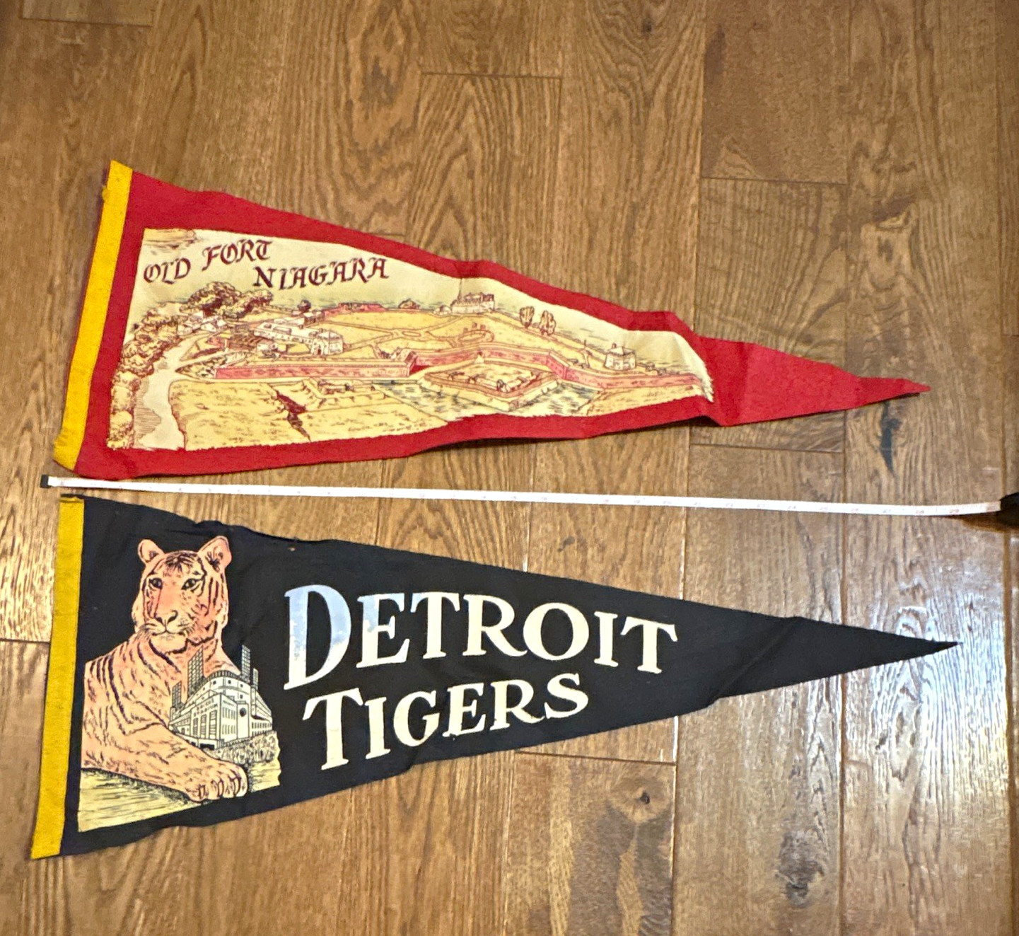 Vintage Lot of 2 Felt Pennants: Detroit Tigers & Old Fort Niagara Red/Yellow