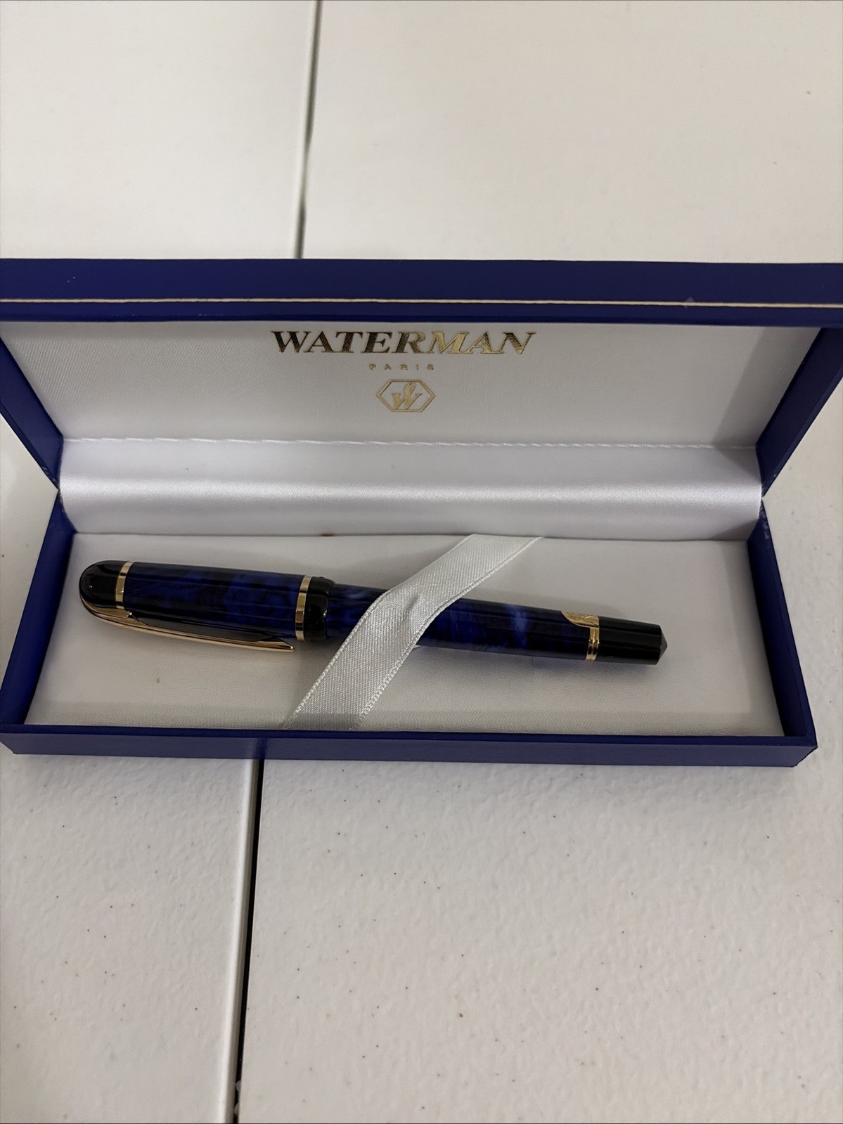 Waterman Paris Phileas Blue Marble Gold Trim Ballpoint Pen Box