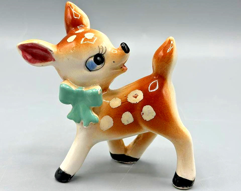Vtg 1950s Japan Ceramic Big Eyes Fawn Deer Figurine Kitsch Blue Bow Bambi MCM