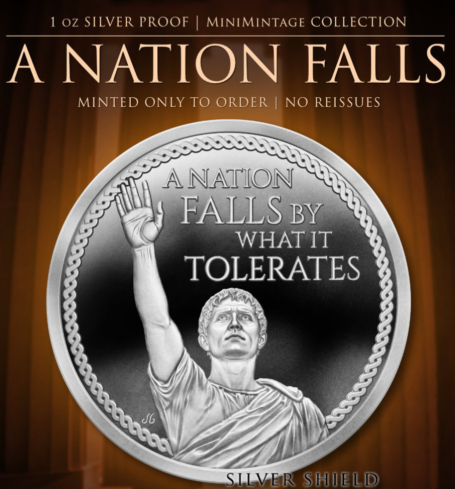2026 - A NATION FALLS - 1 oz .999 Fine Silver Shield PROOF MINIMINTAGE IN STOCK