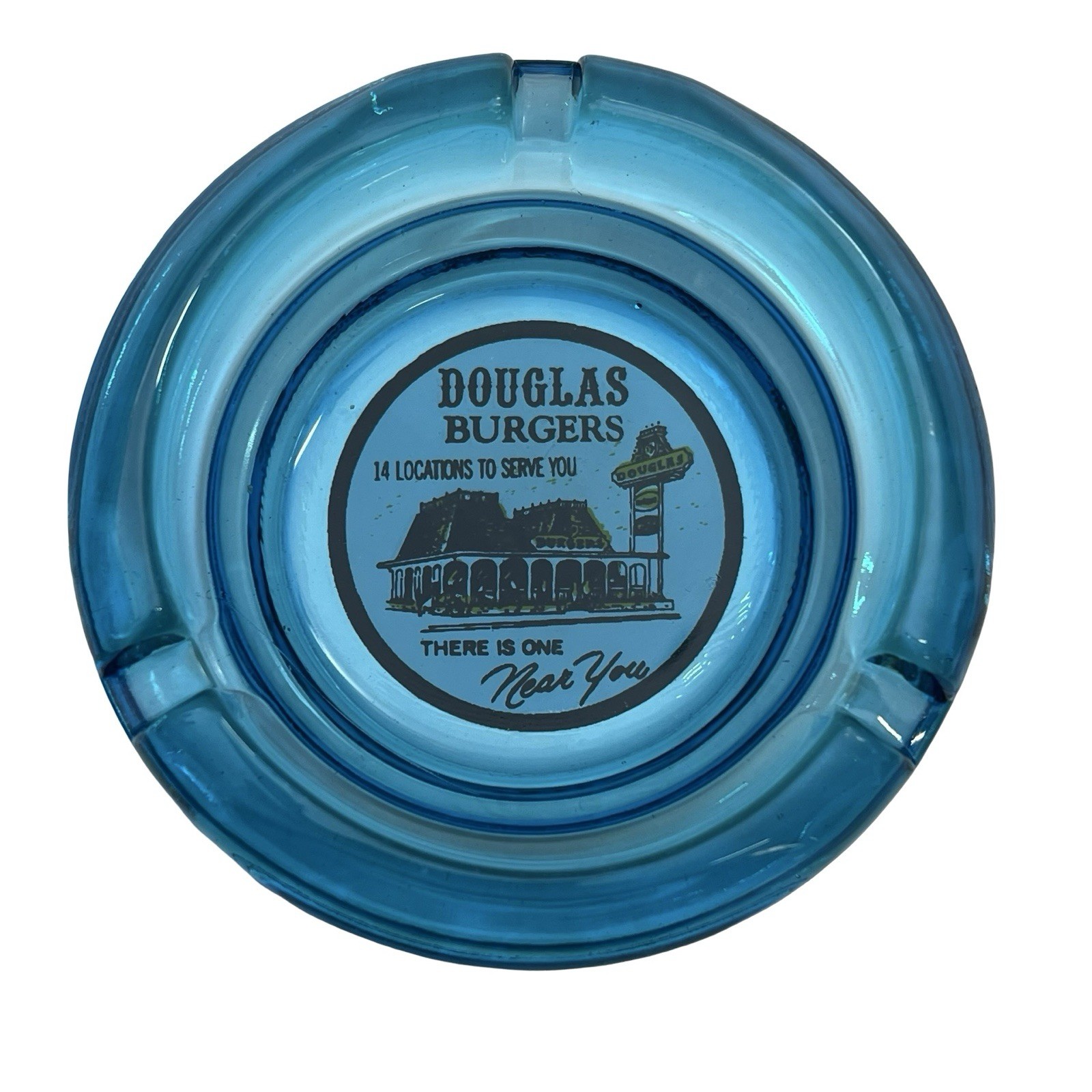 Vintage DOUGLAS BURGERS Ashtray Glass Blue Tobacciana