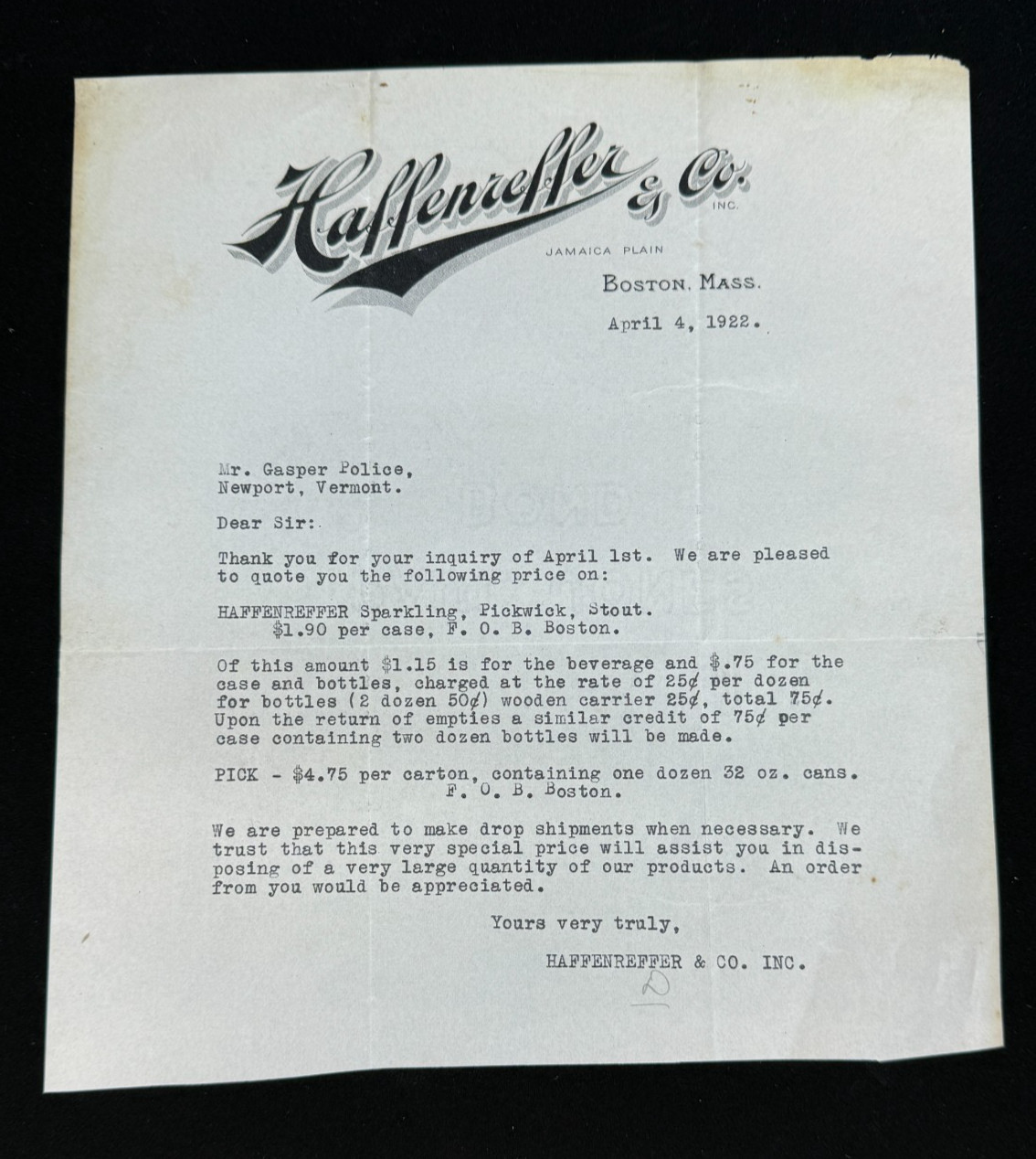 Original 1922 Haffenreffer & Co Brewery Letter Sparkling Pickwick Stout Beer