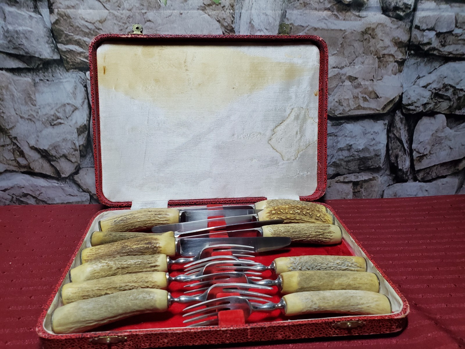 Vtg G B Wilson Pitlochrey 12 Pc Boxed Stag Horn Antler Handle Knife Fork Set