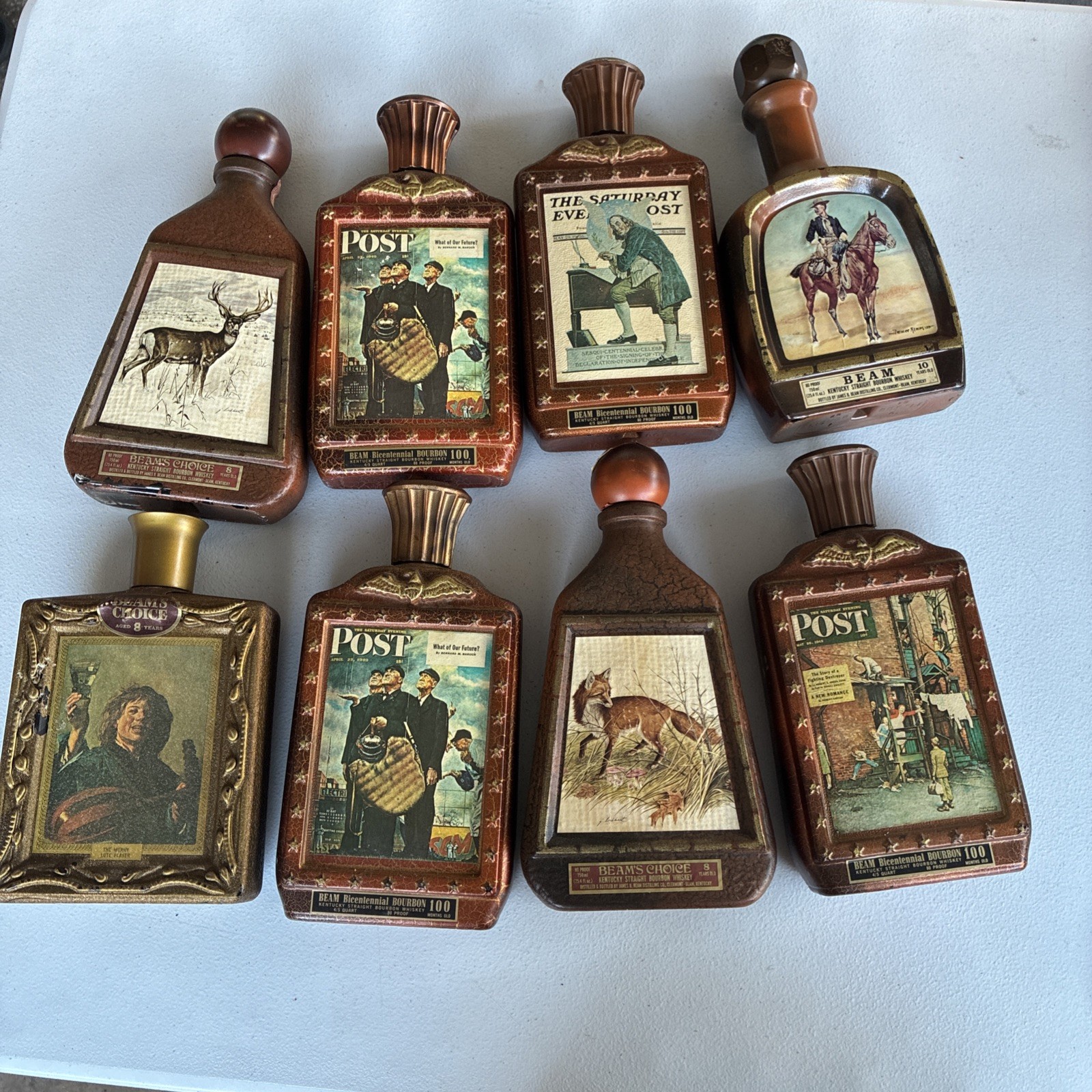 Vintage 1976 Jim Beam Saturday Evening Post Whiskey Decanter Lot of 8 Empty