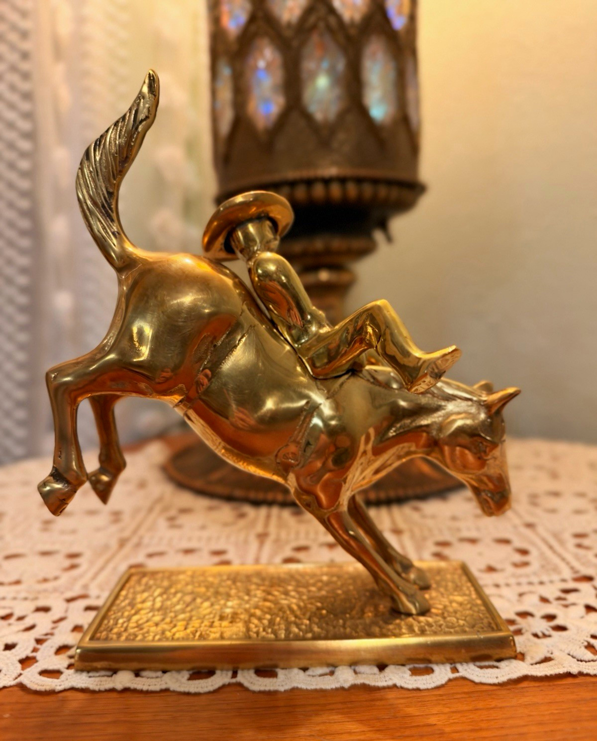 Vintage Western Brass Bucking Bronco Horse Cowboy Sculpture Removable Rider