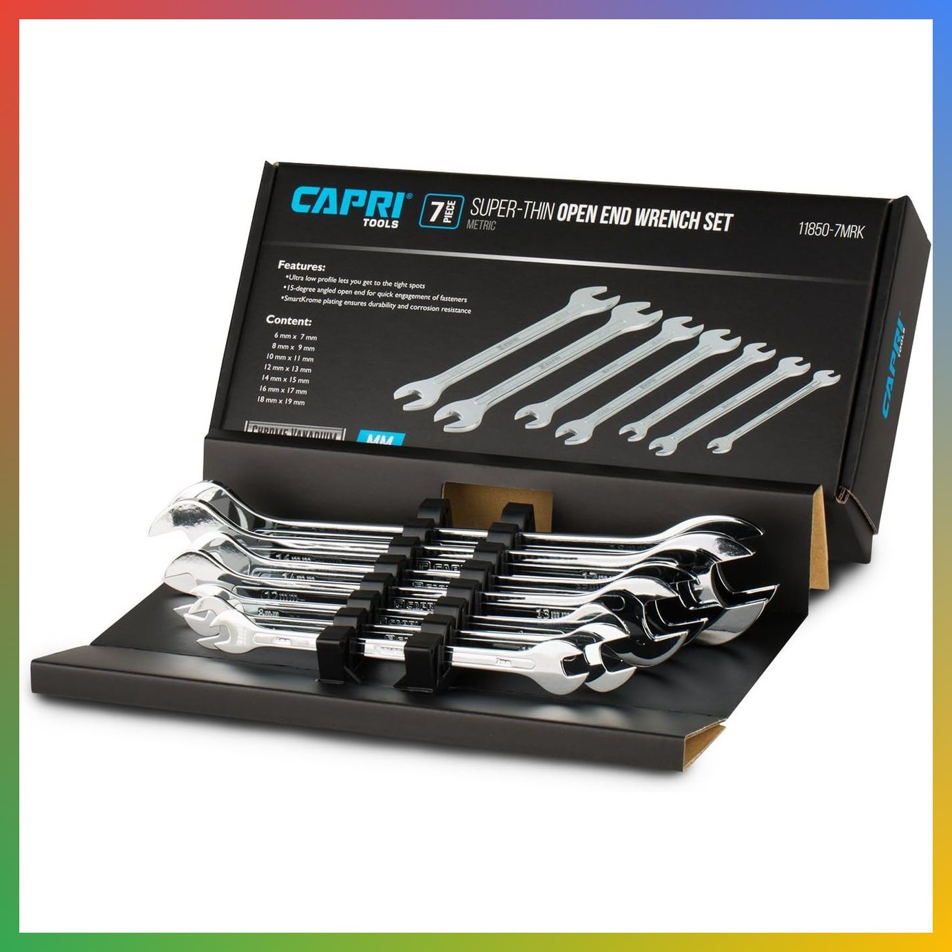 Super Thin Open End Wrench Set Metric 7 Pc 6 to 19mm For Tight Spaces