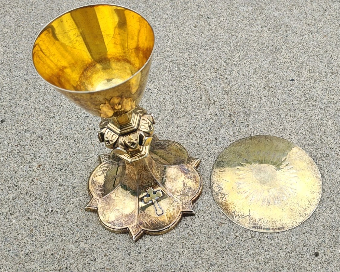 ANTIQUE SOLID GORHAM STERLING SILVER LIFE OF CHRIST CHALICE & PATEN TABERNACLE