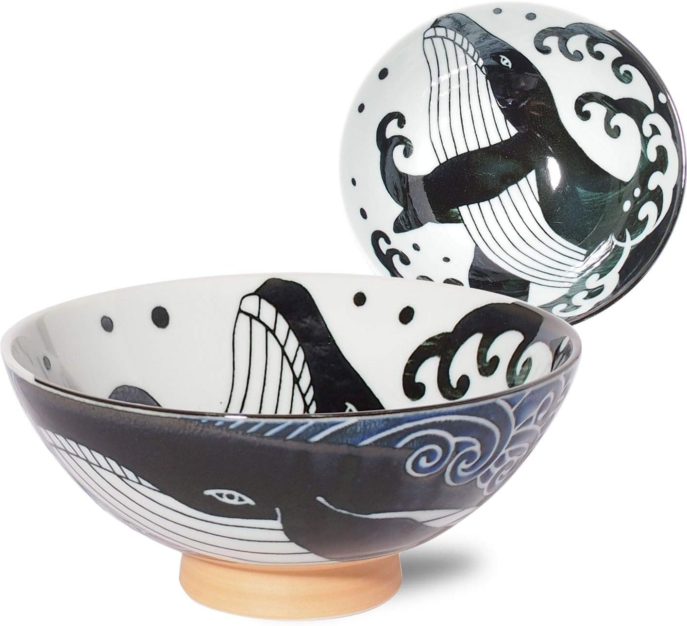 Japanese Mino Ware Rice Bowl XL Blue Whale Wave Porcelain 5.8 Inch 7.76 Oz
