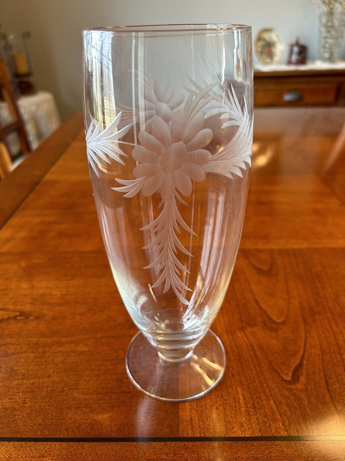 Art Deco Styled Clear Glass 10 Inch Vase with Etched Floral and Leaf Pattern
