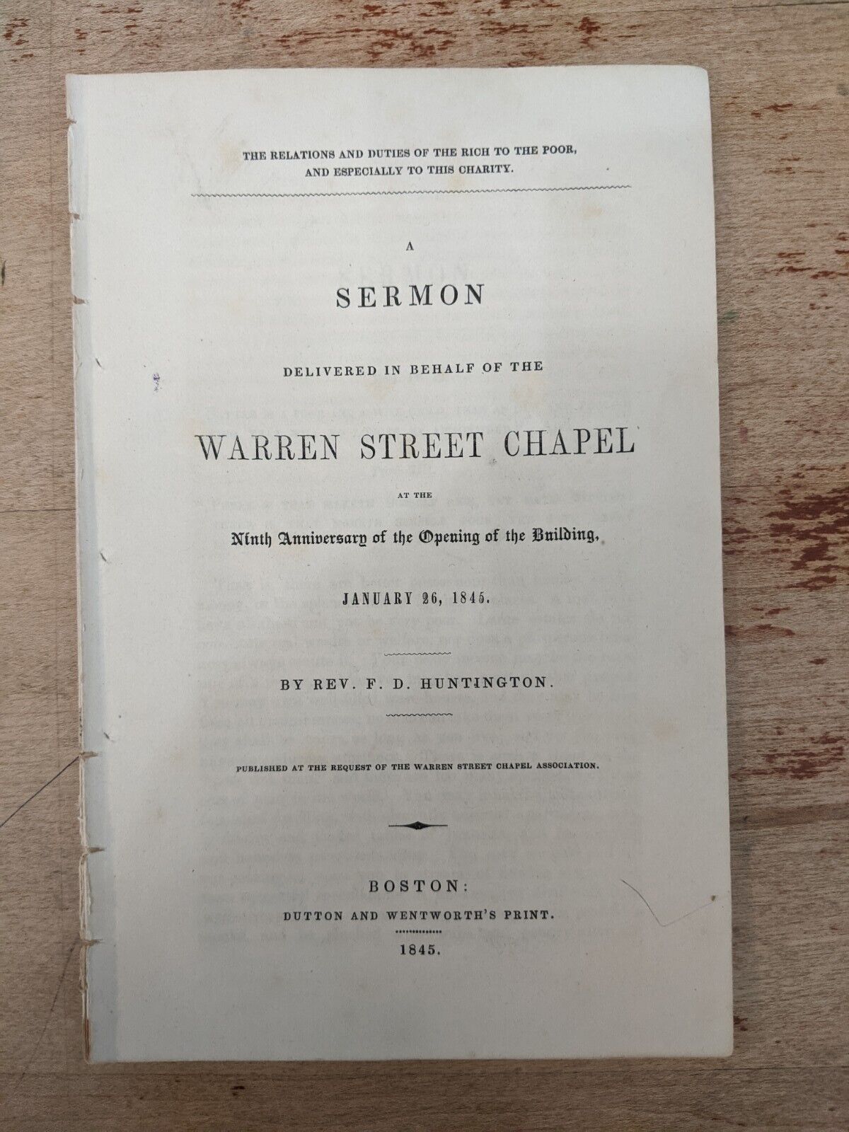 Antique Christian Sermon Warren Street Chapel Boston. F. D. Huntington 1864
