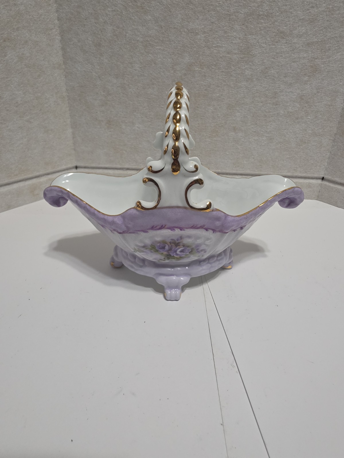 Elegant Vintage Footed Porcelain Basket Violet Roses with Gold Trim Accents 